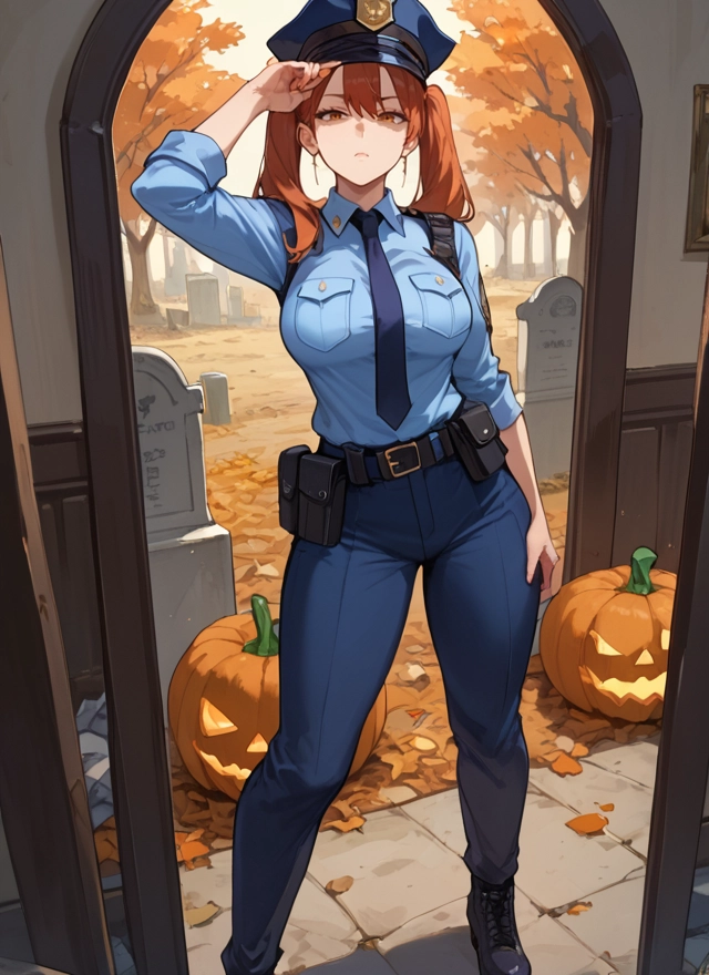 1girl, twintails, necktie, police, police uniform, breasts · Yamete.gg