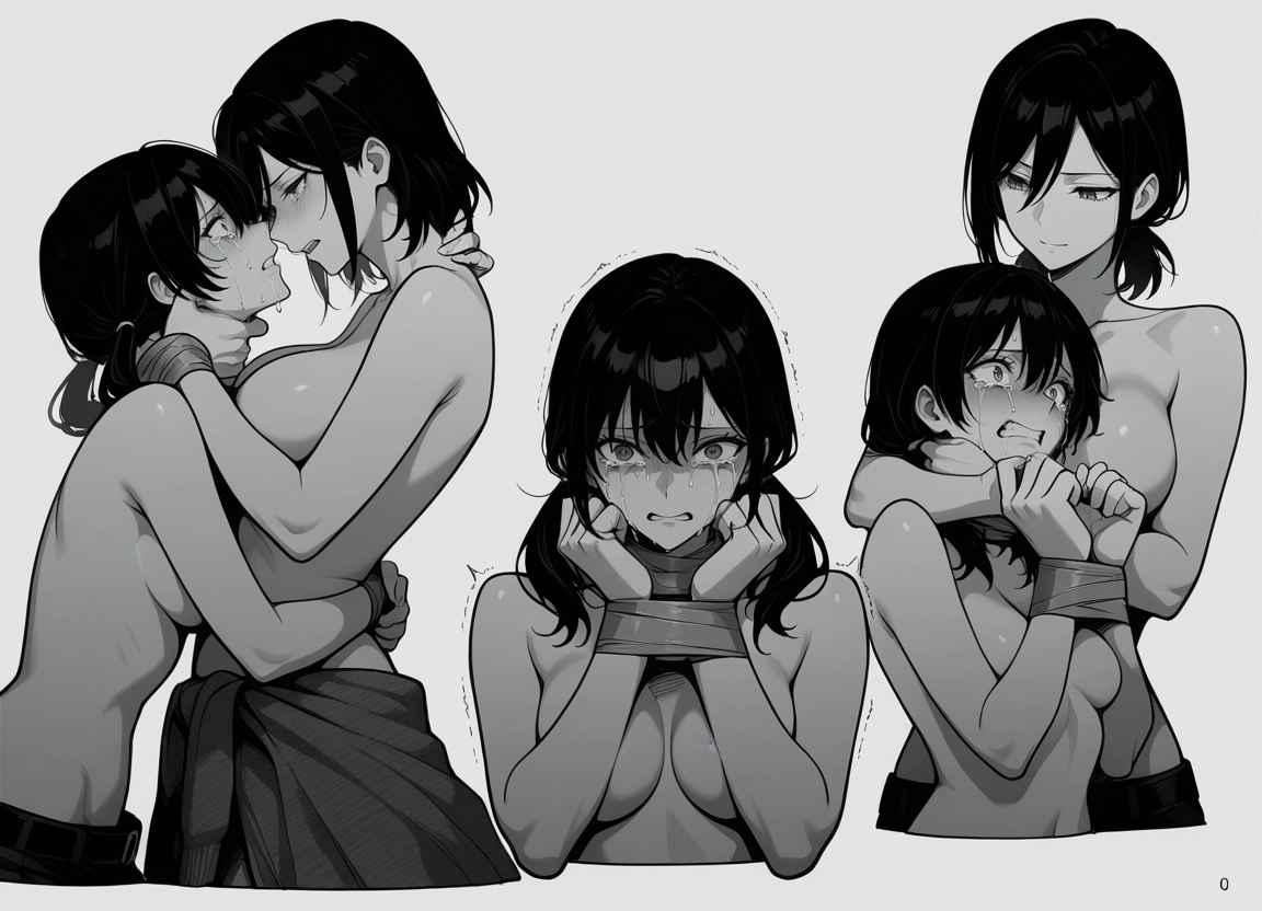 breasts, multiple girls, monochrome, greyscale, tears, yuri