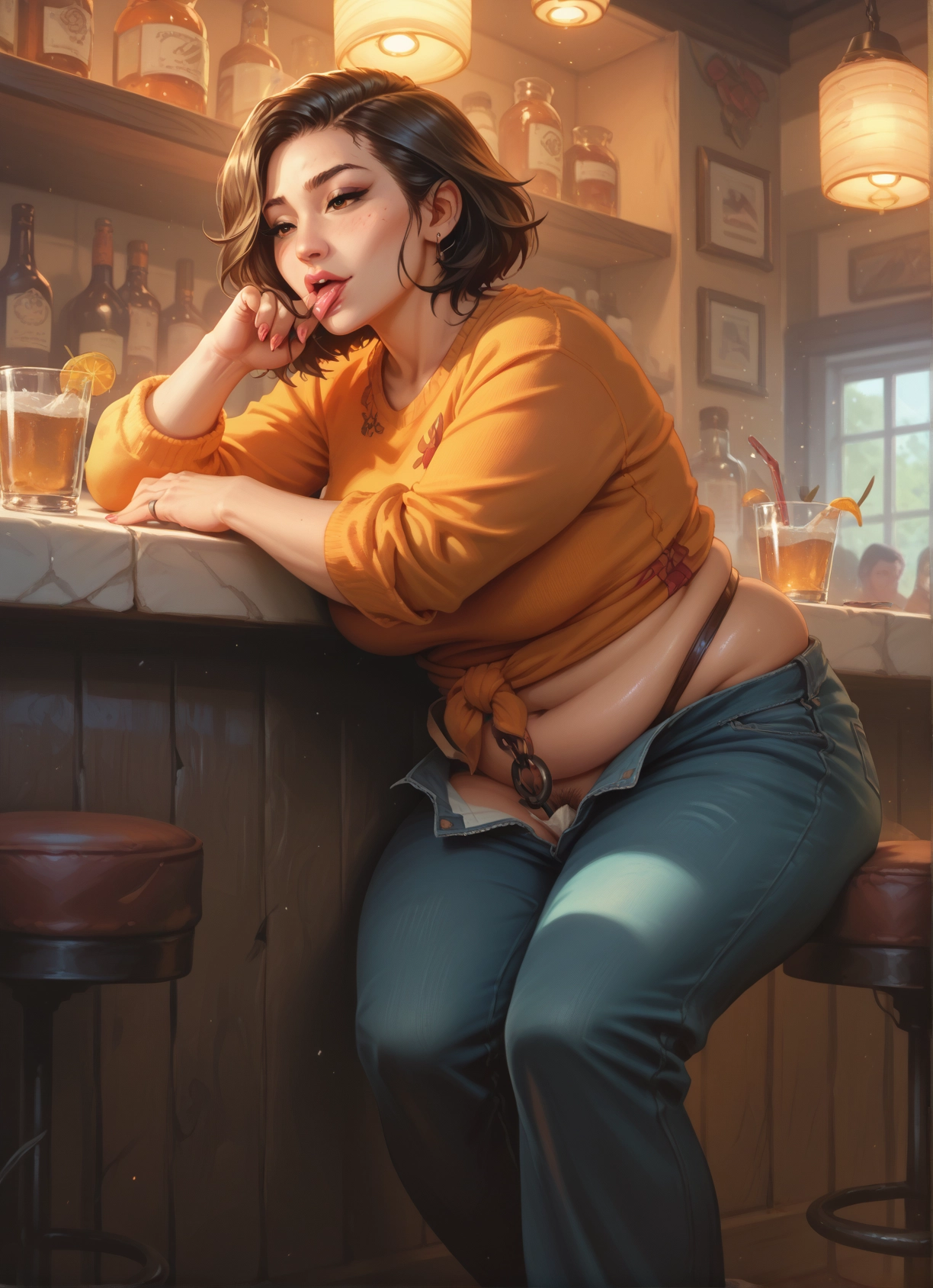 1girl, pants, jewelry, breasts, ring, denim · Yamete.gg