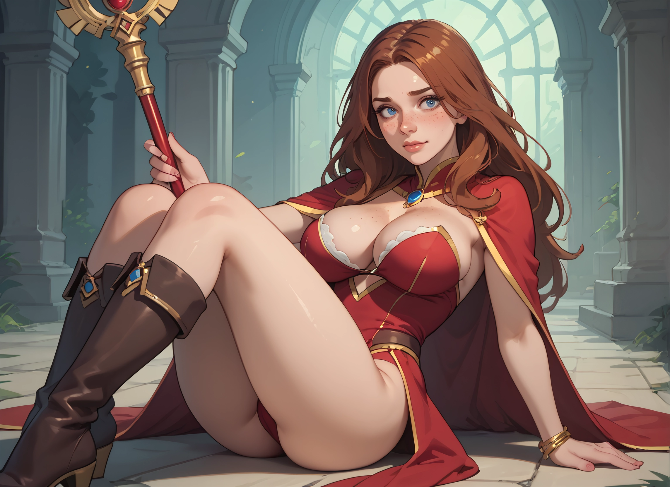 1girl, breasts, blue eyes, boots, freckles, solo · Yamete.gg