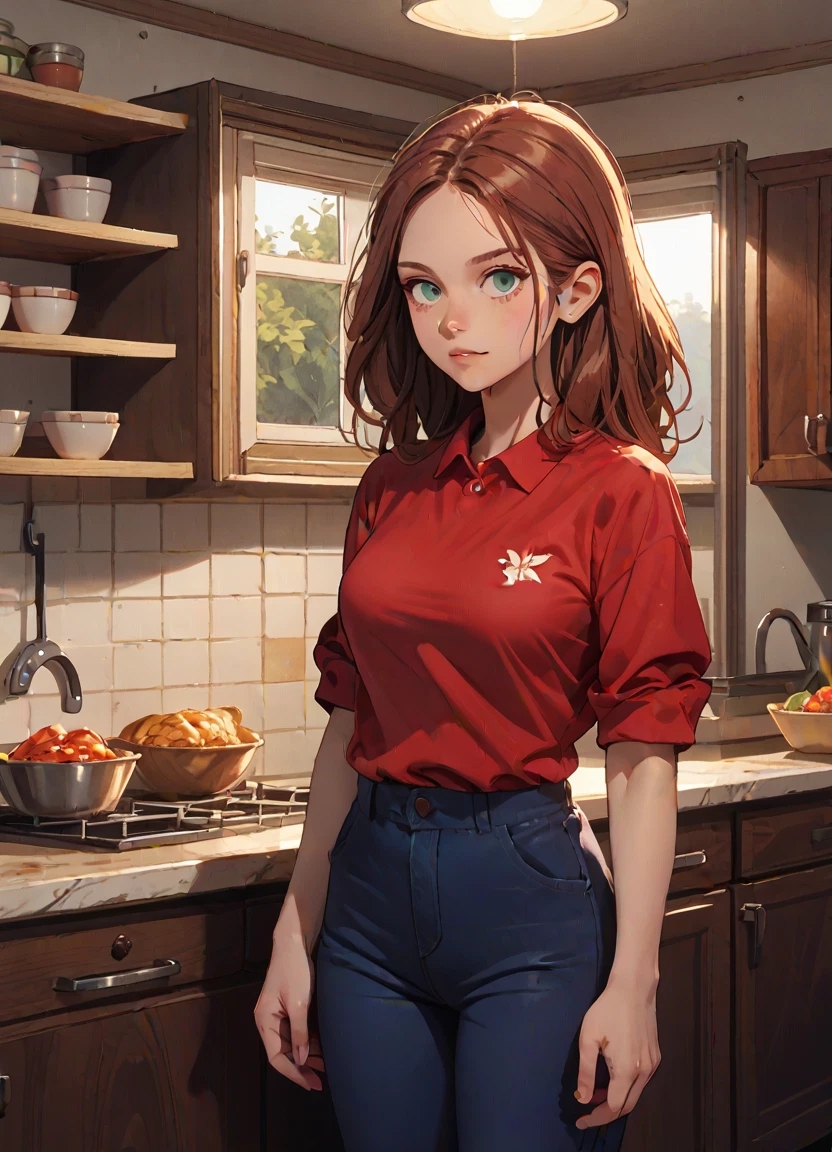 1girl, solo, pants, brown hair, shirt, kitchen · Yamete.gg