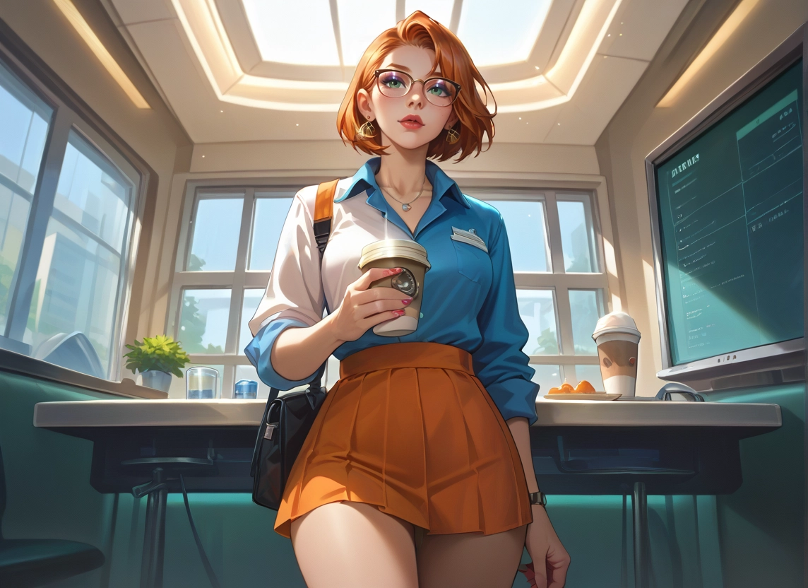 1girl, cup, jewelry, skirt, earrings, shirt · Yamete.gg