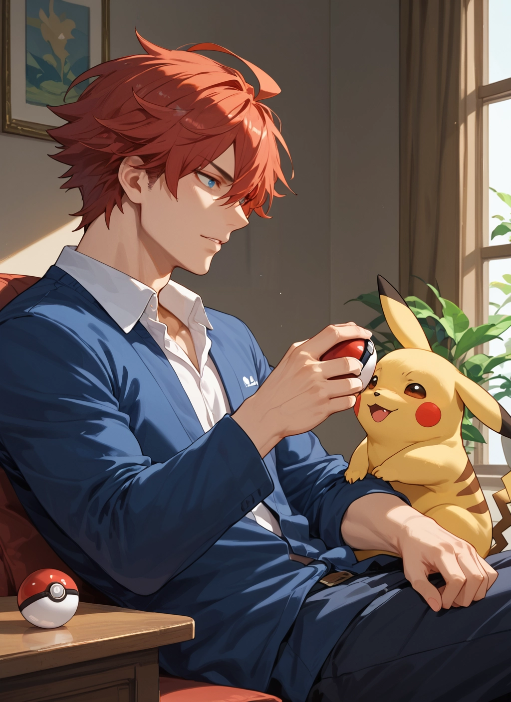 1boy, blue eyes, holding, male focus, shirt, sitting · Yamete.gg