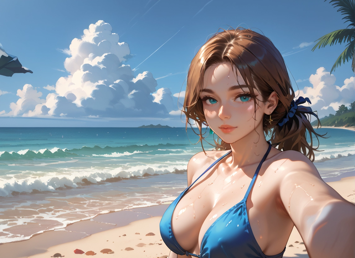1girl, breasts, outdoors, swimsuit, brown hair, beach · Yamete.gg