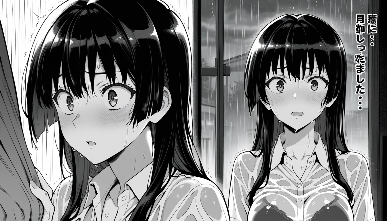 1girl, greyscale, monochrome, rain, underwear, wet · Yamete.gg