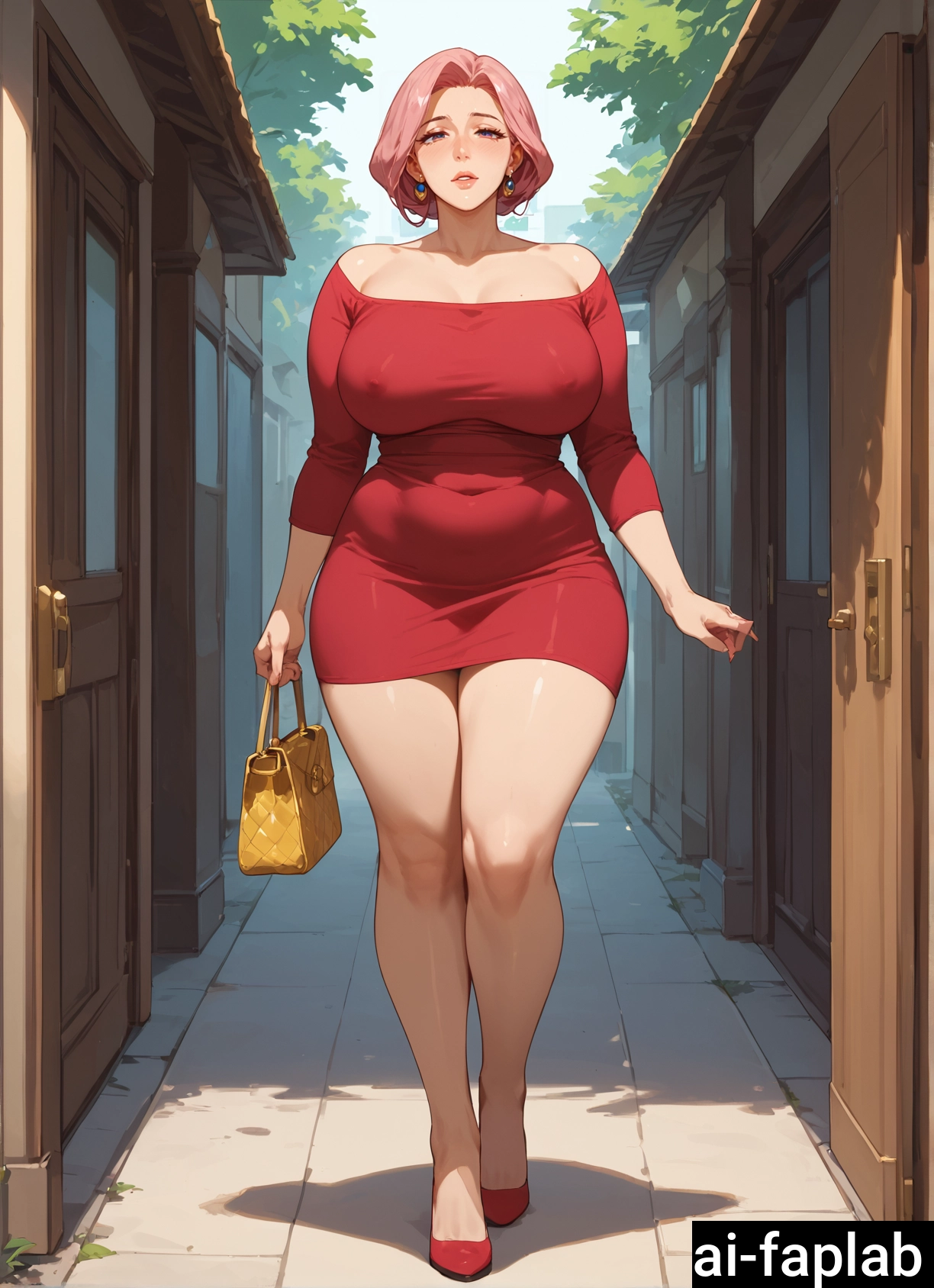 1girl, mature female, breasts, solo, dress, bag