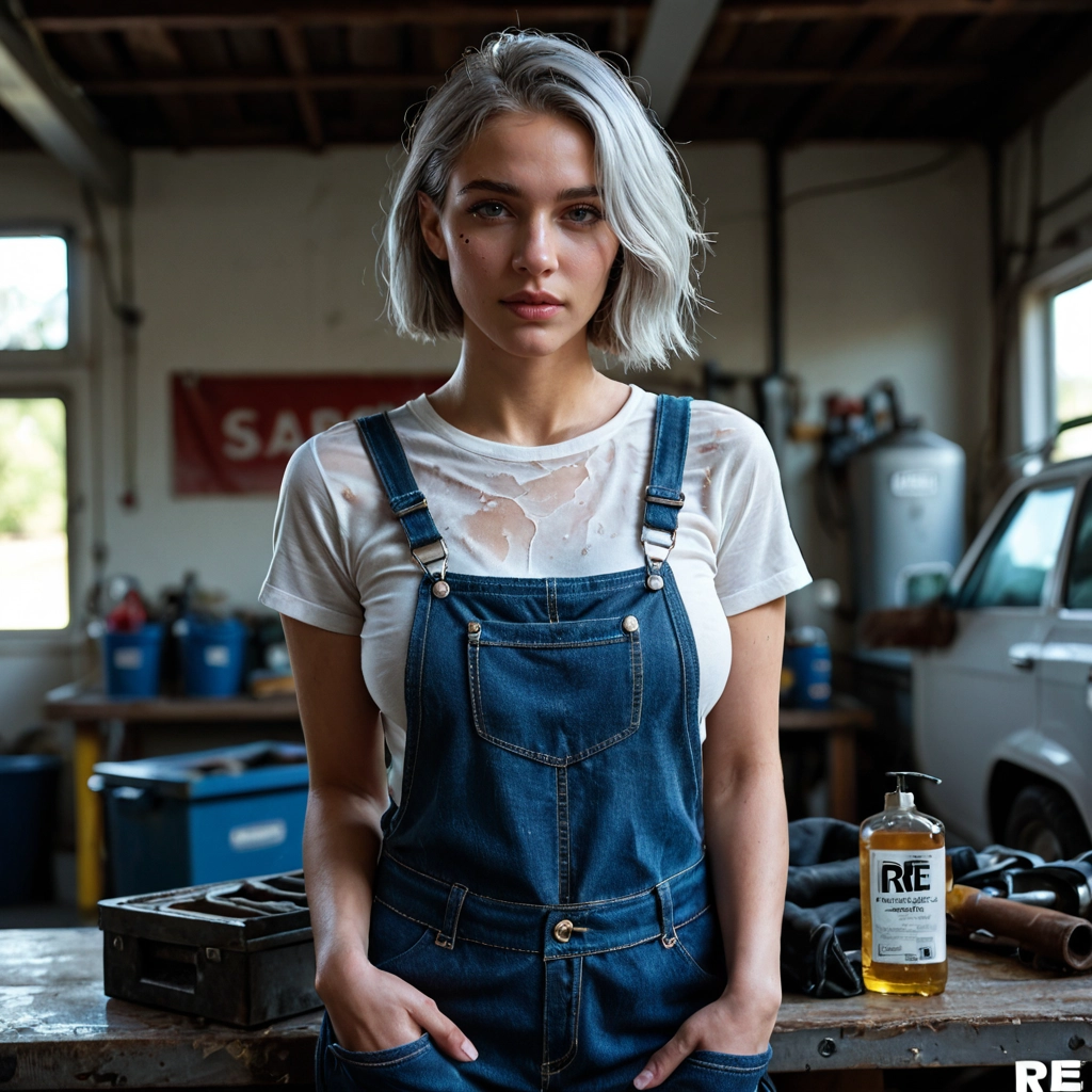 1girl, solo, realistic, overalls, motor vehicle, car · Yamete.gg