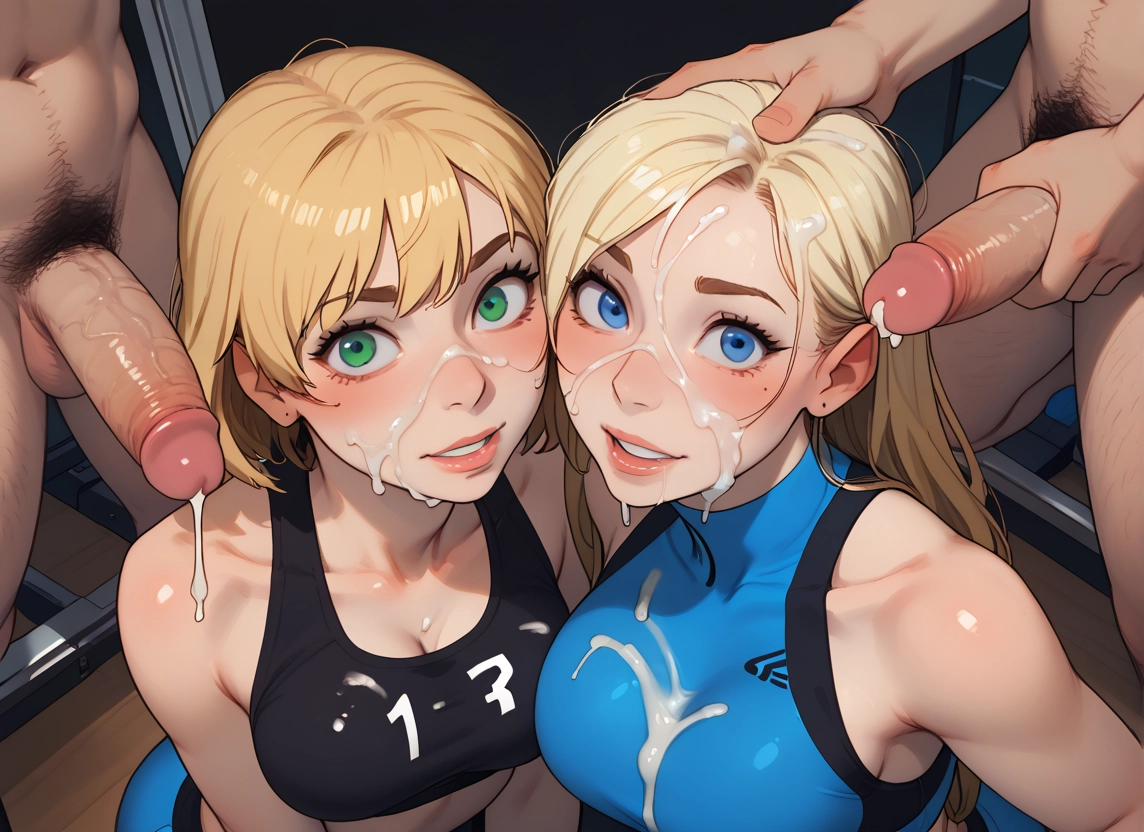 penis, multiple girls, cum, 2girls, breasts, blonde hair · Yamete.gg