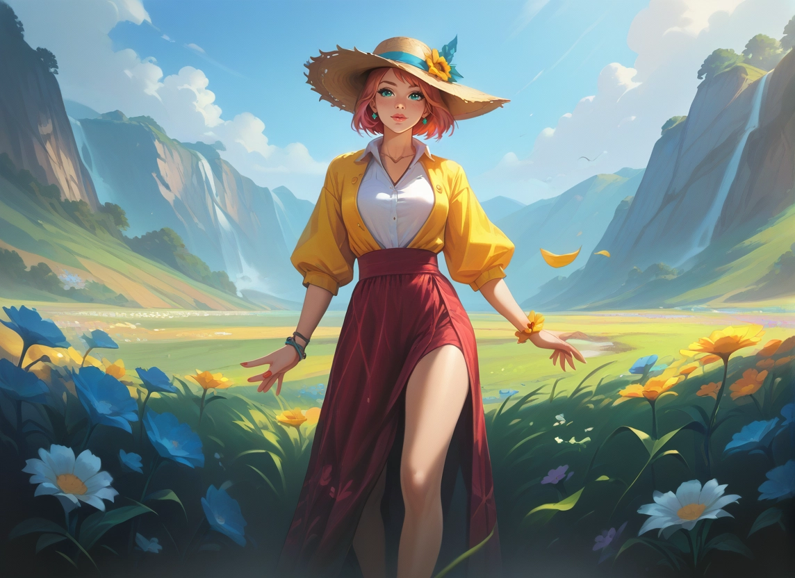 1girl, flower, solo, hat, skirt, outdoors · Yamete.gg