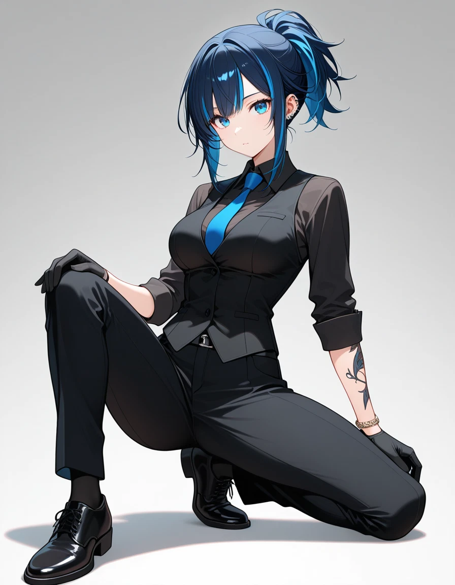 1girl, solo, gloves, blue hair, blue eyes, necktie · Yamete.gg
