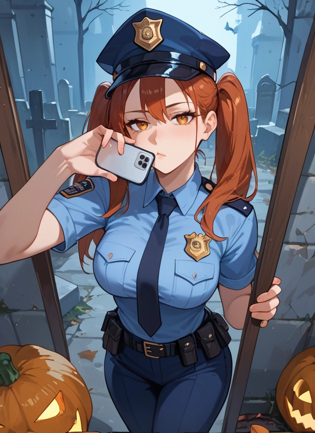 1girl, phone, twintails, police, breasts, necktie · Yamete.gg