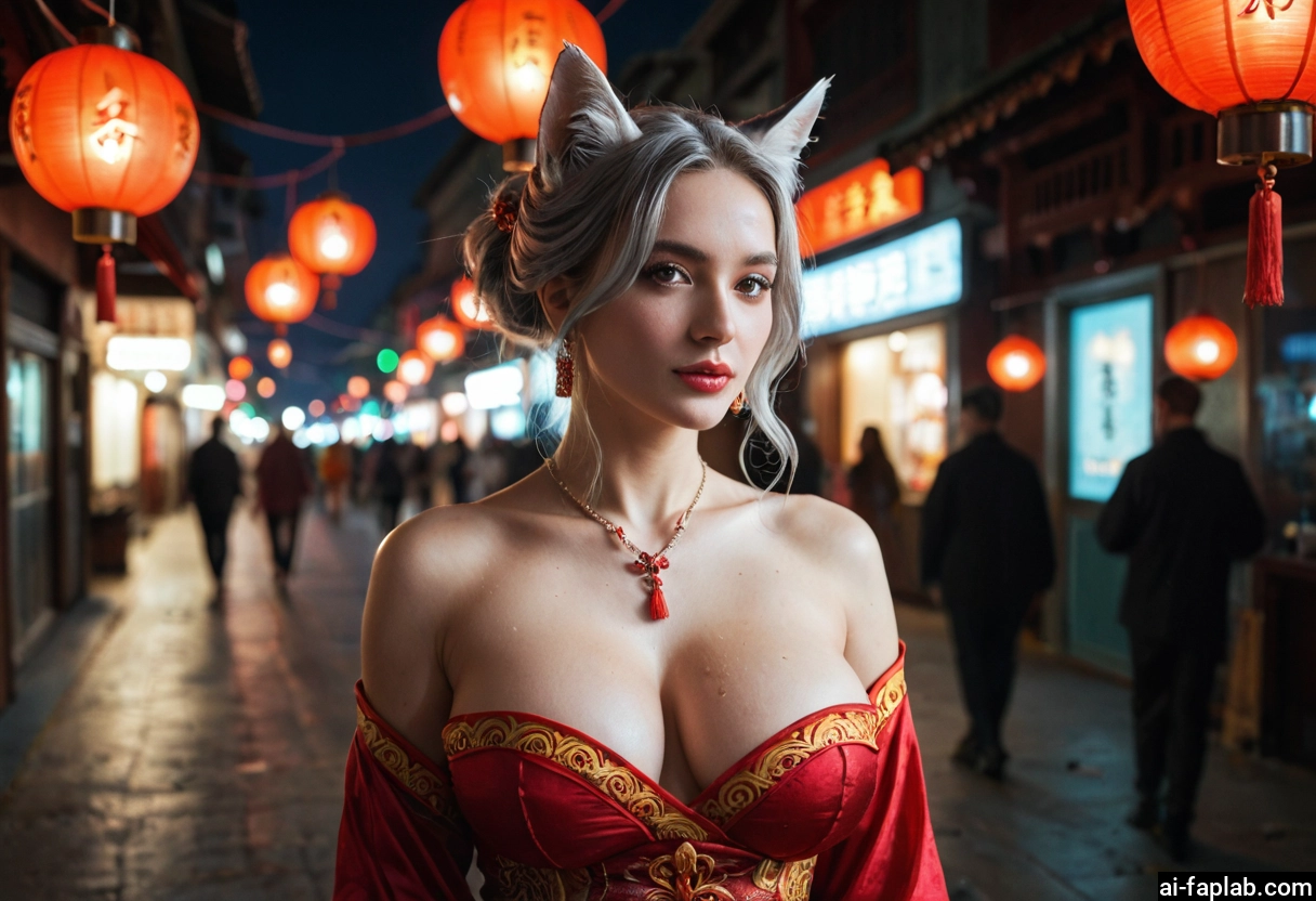 breasts, animal ears, 1girl, jewelry, freckles, lantern