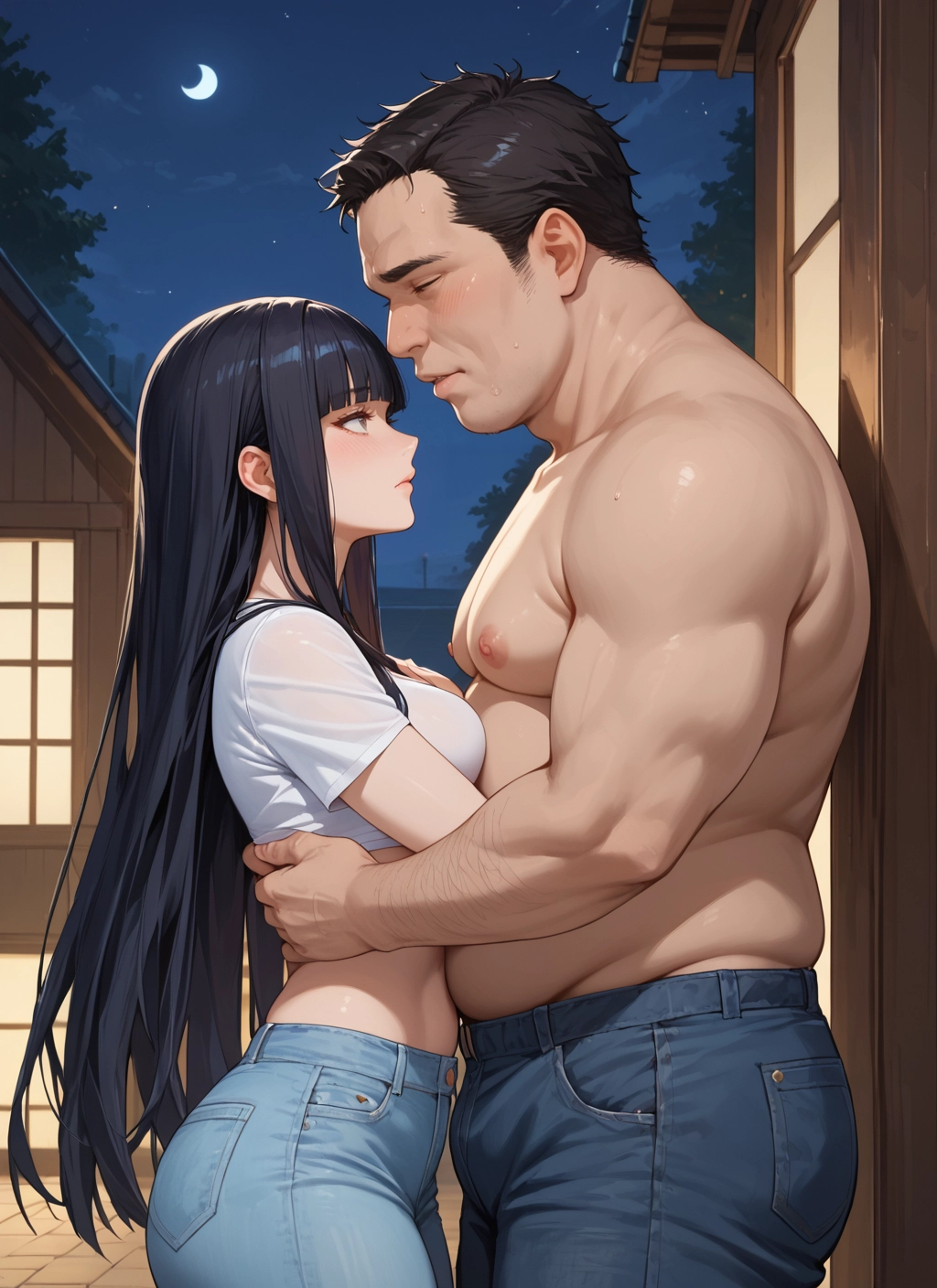 1girl, long hair, 1boy, black hair, pants, nipples · Yamete.gg