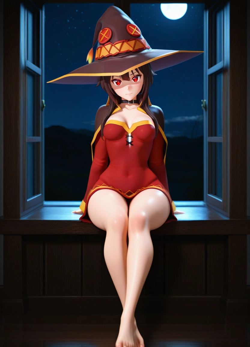 1girl, solo, hat, barefoot, red eyes, witch hat · Yamete.gg