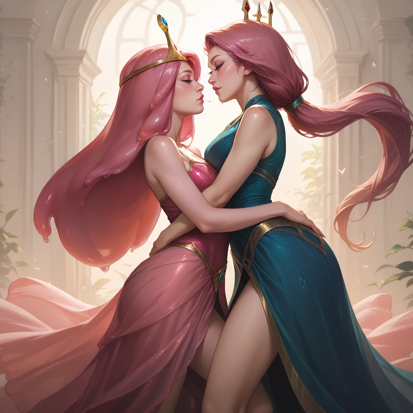 multiple girls, 2girls, pink hair, long hair, dress, yuri · Yamete.gg