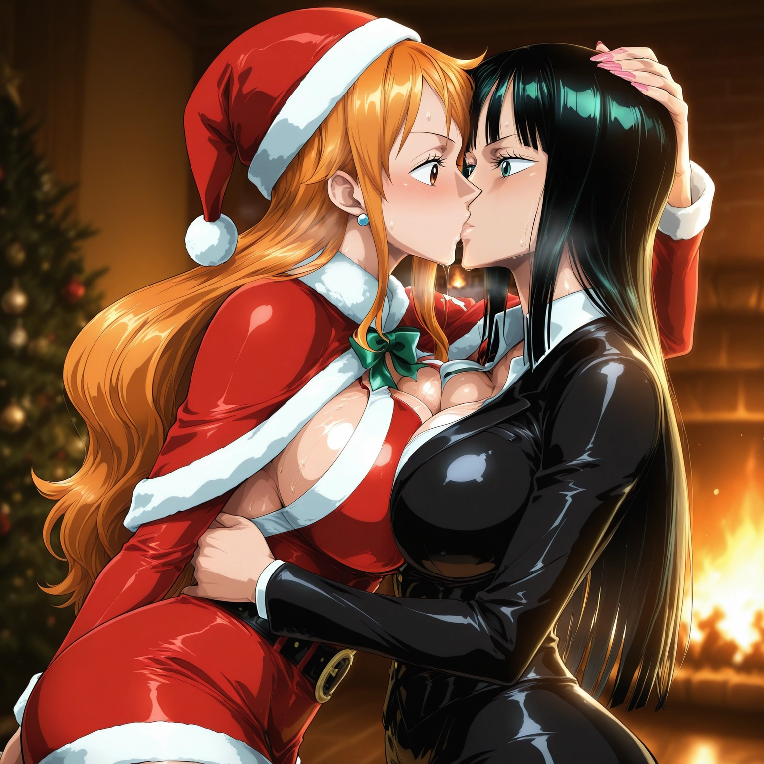multiple girls, breasts, 2girls, hat, yuri, santa hat · Yamete.gg