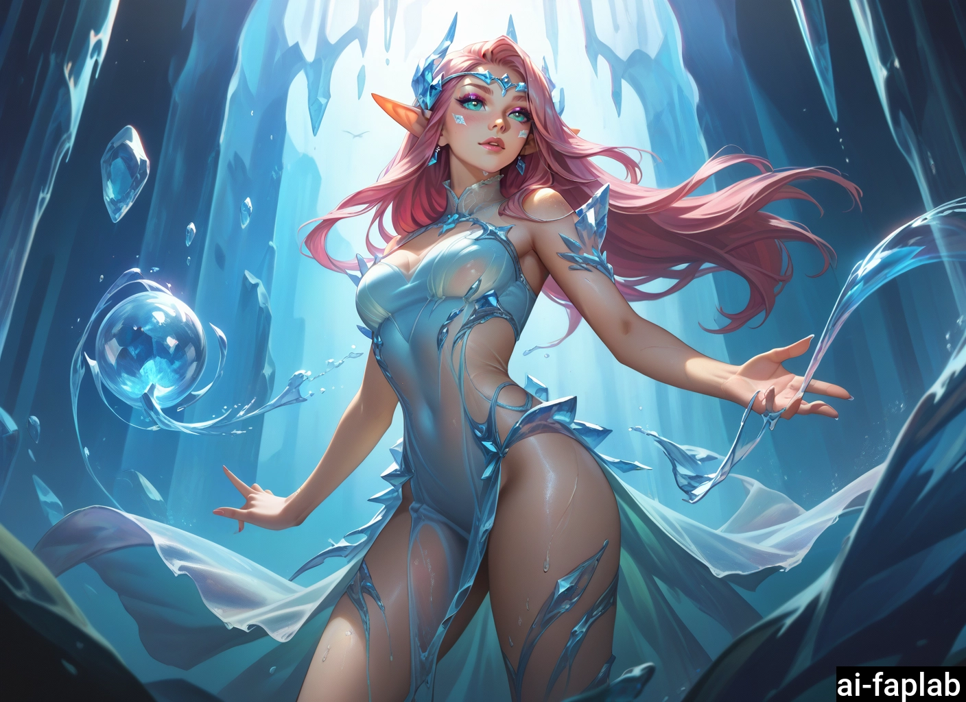 1girl, breasts, solo, long hair, pointy ears, ice · Yamete.gg