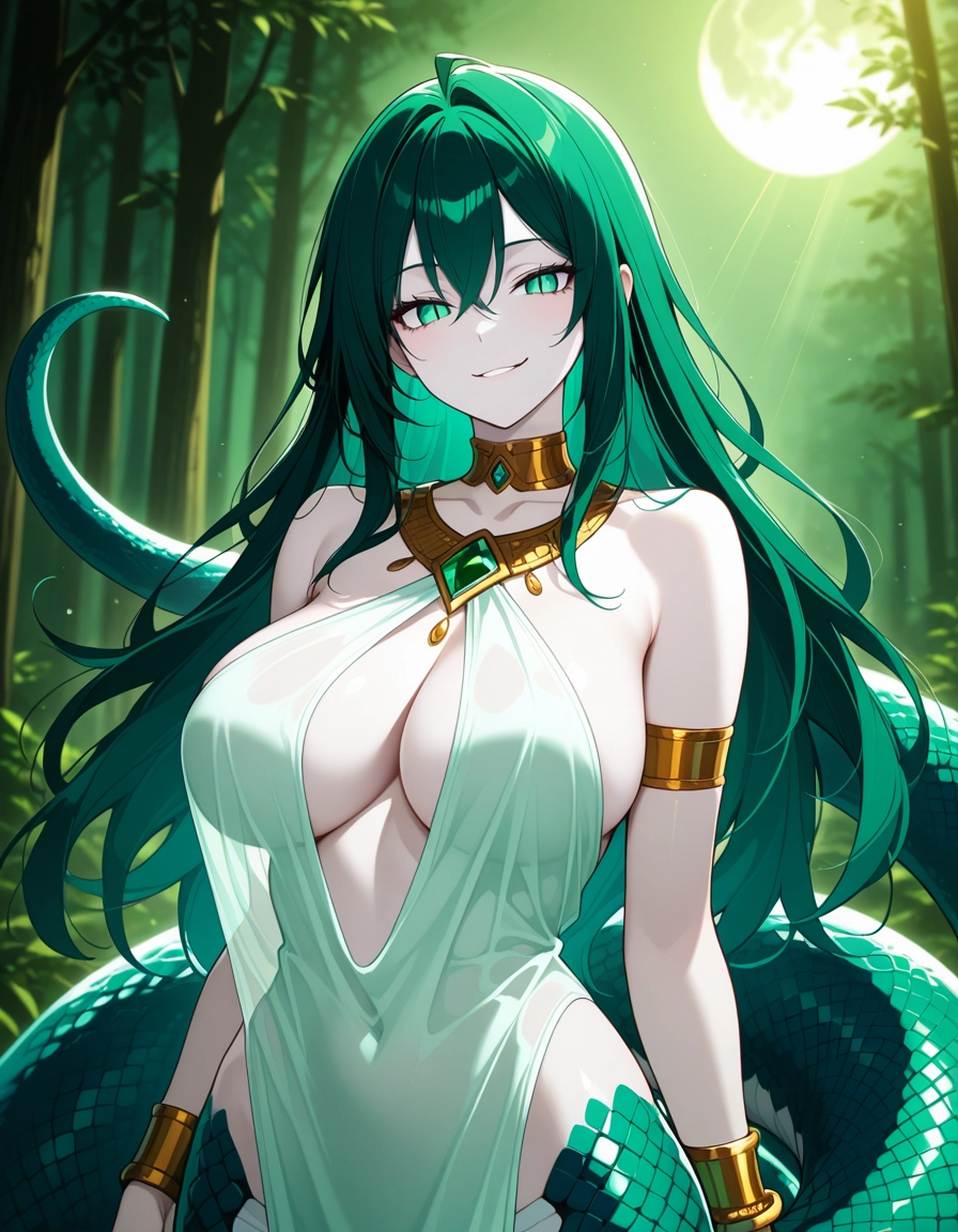 1girl, lamia, breasts, solo, green eyes, green hair · Yamete.gg