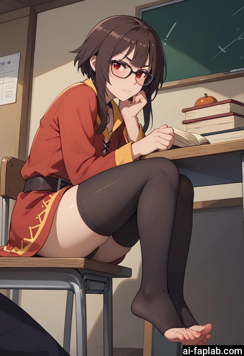 1girl, thighhighs, glasses, red eyes, book, feet · Yamete.gg