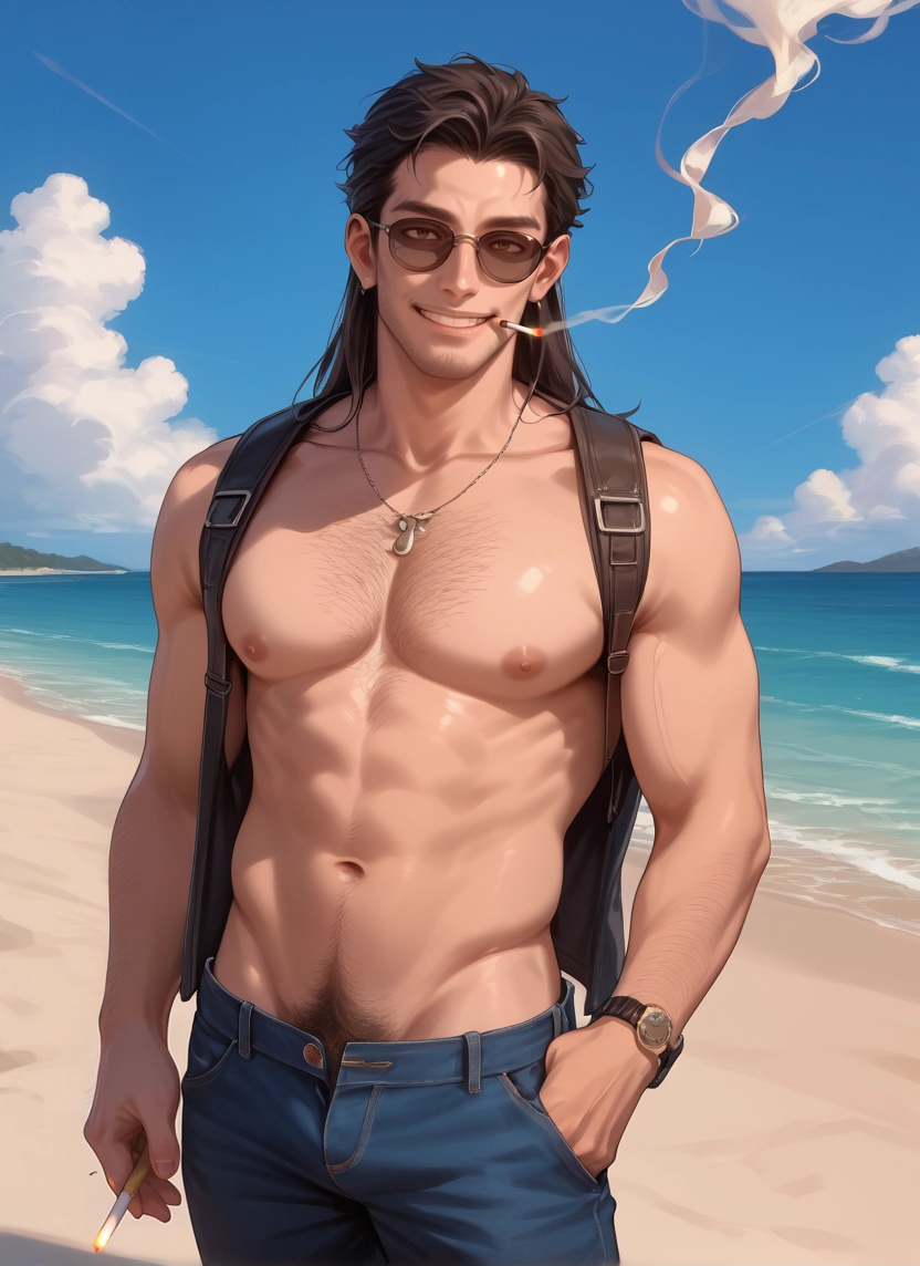 1boy, male focus, solo, pectorals, muscular male, cigarette · Yamete.gg