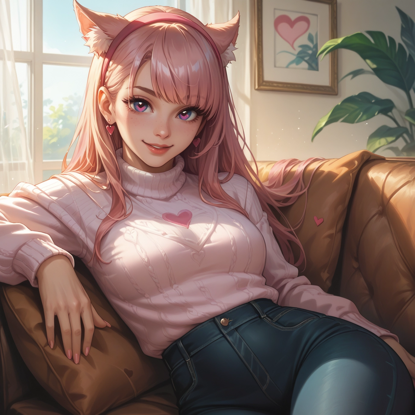 1girl, animal ears, solo, sweater, long hair, heart · Yamete.gg