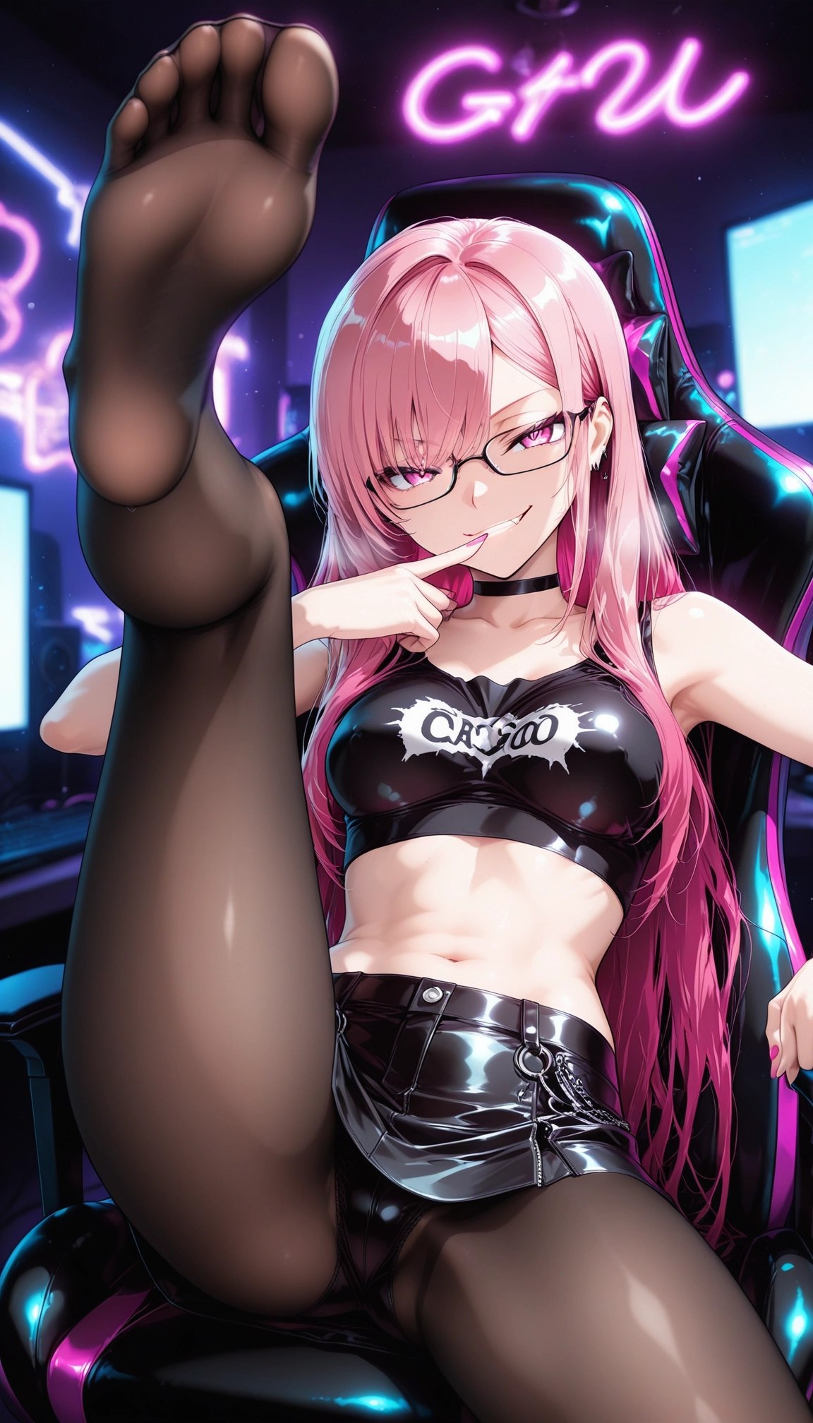1girl, pink hair, feet, panties, underwear, glasses · Yamete.gg