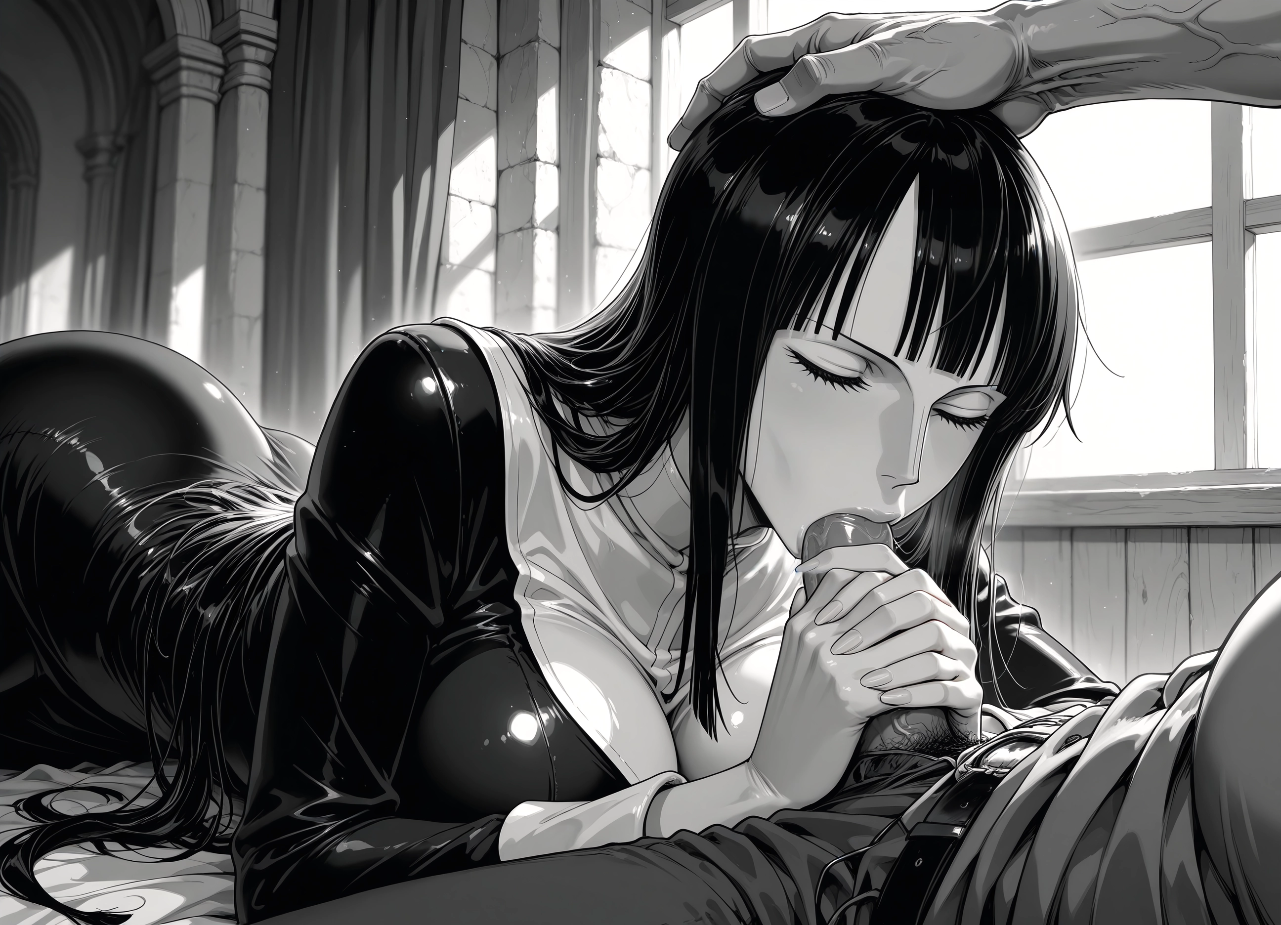 1girl, penis, monochrome, oral, hetero, fellatio · Yamete.gg