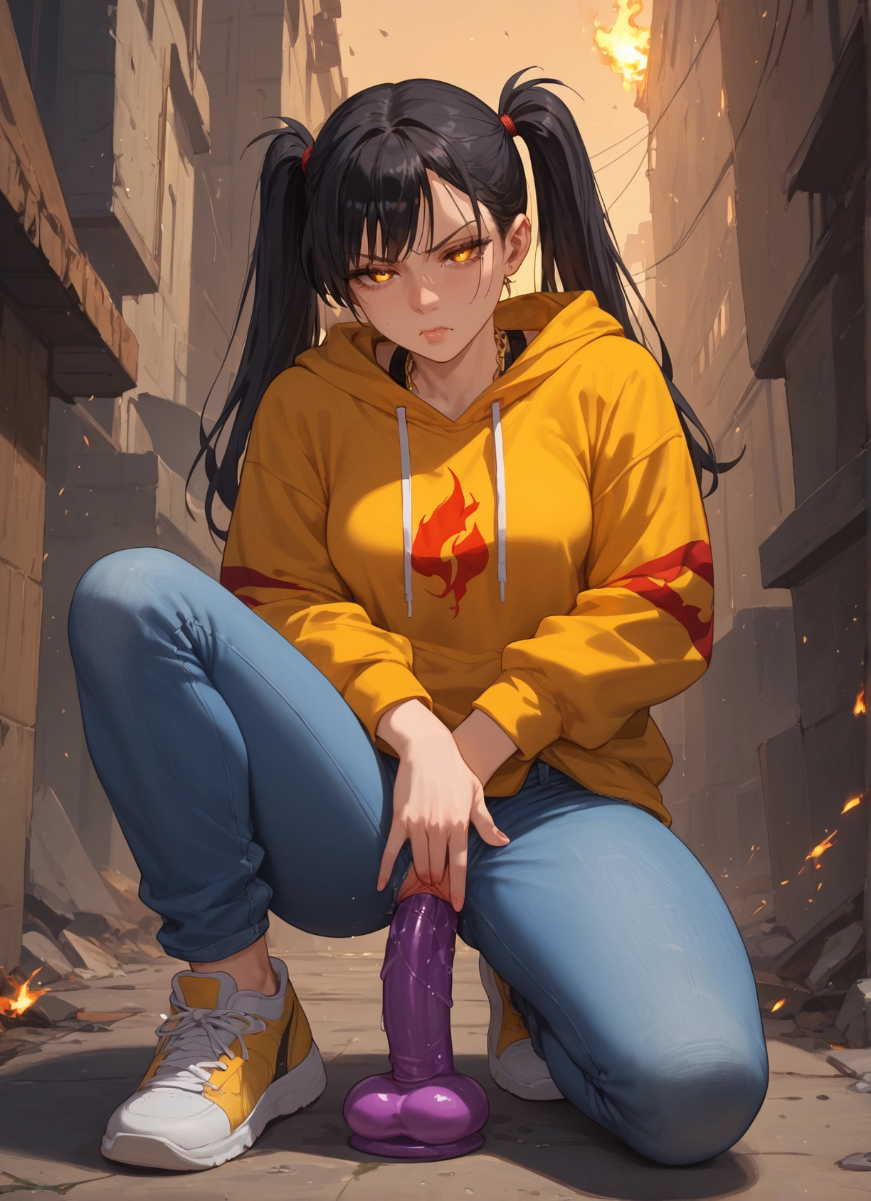 1girl, hood, solo, hoodie, dildo, pants · Yamete.gg