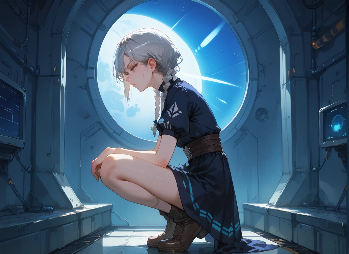 1girl, solo, braid, squatting, dress, blue eyes · Yamete.gg