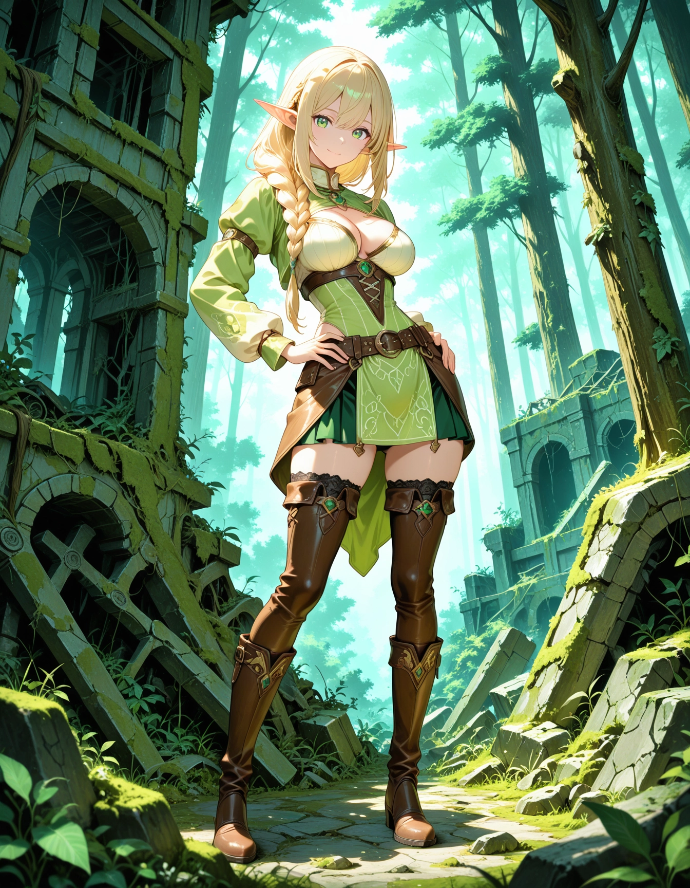 1girl, breasts, solo, pointy ears, elf, green eyes