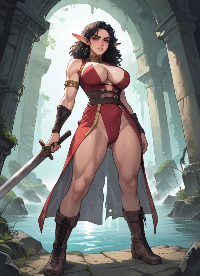 1girl, breasts, weapon, pointy ears, sword, boots · Yamete.gg