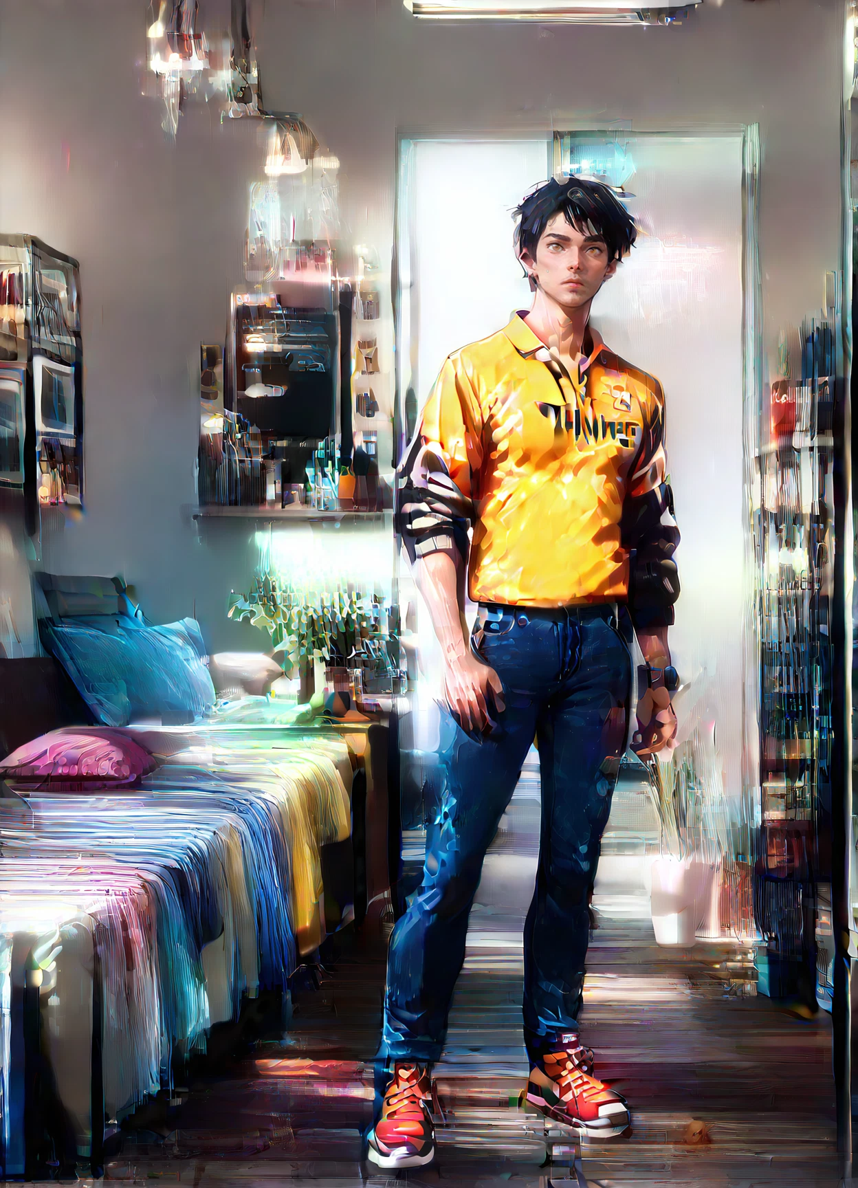1boy, male focus, pants, yellow shirt, solo, shirt · Yamete.gg