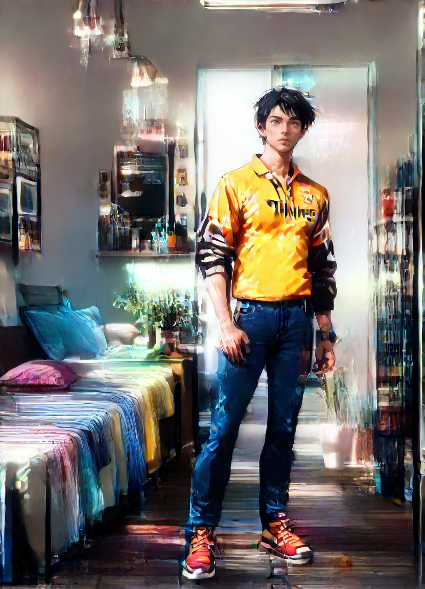 1boy, male focus, pants, yellow shirt, solo, shirt