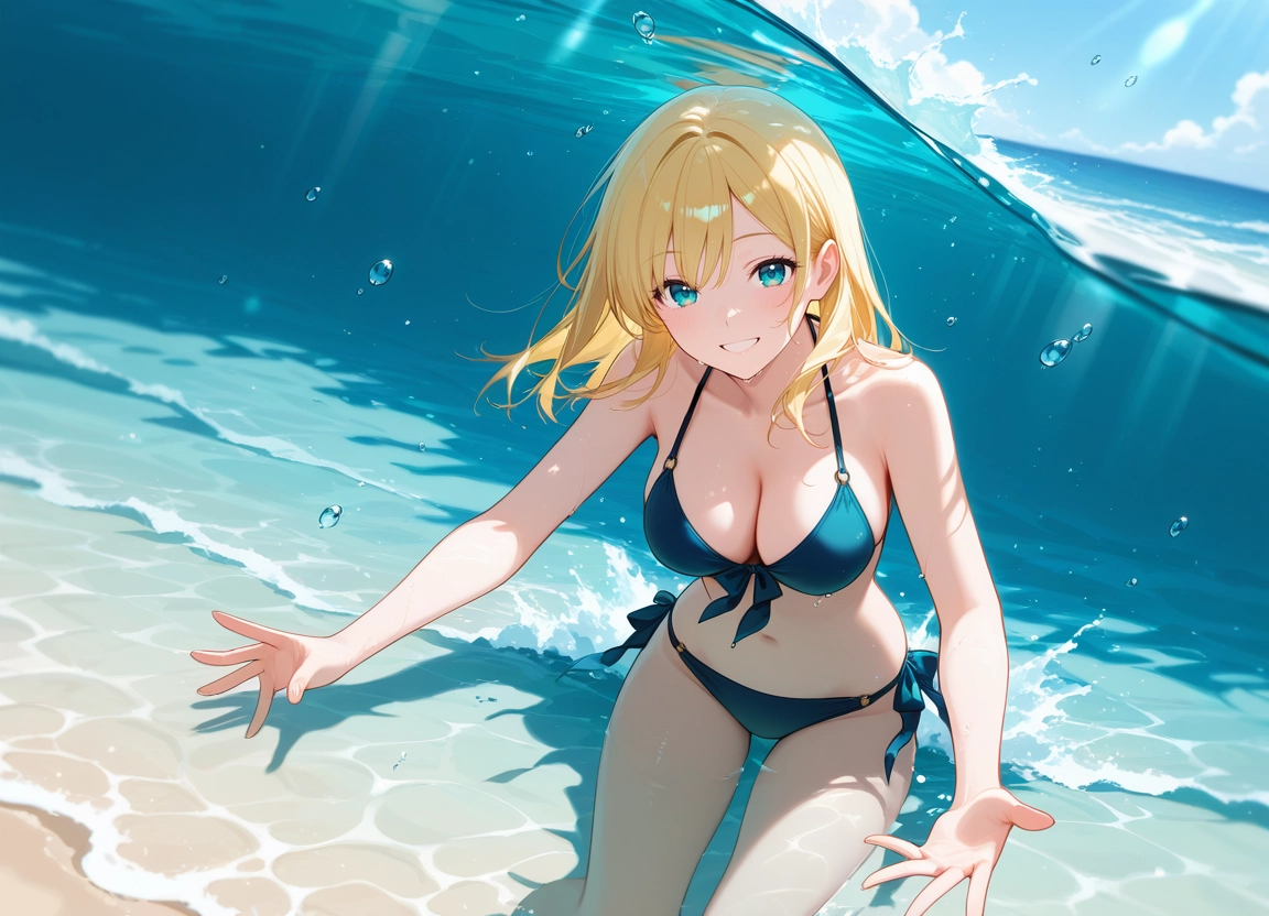 1girl, solo, smile, blonde hair, breasts, grin · Yamete.gg
