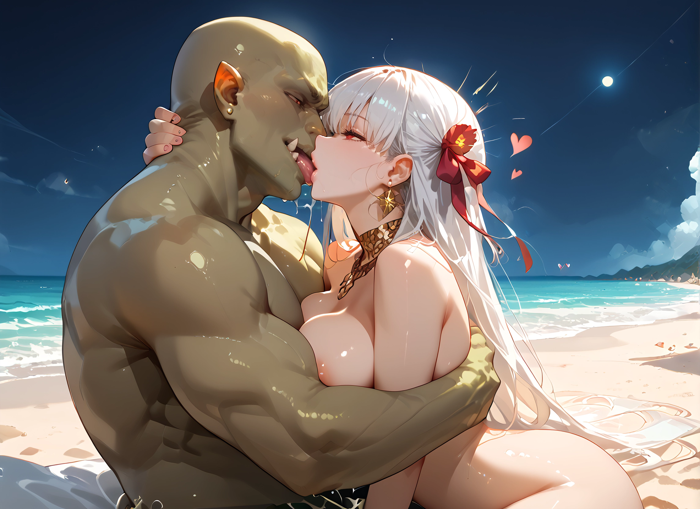 1girl, breasts, 1boy, long hair, kiss, jewelry · Yamete.gg