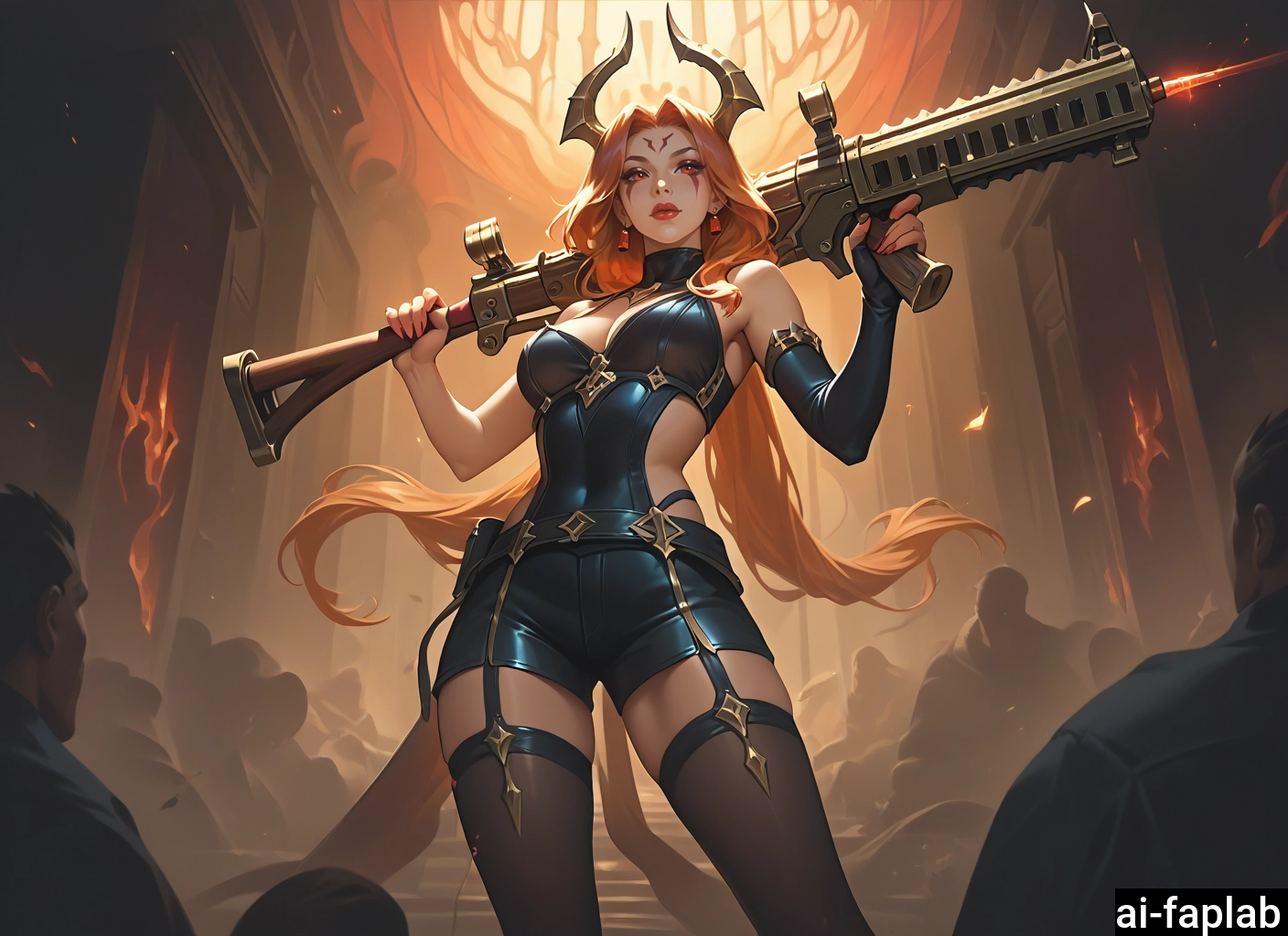 1girl, weapon, holding, breasts, gun, long hair · Yamete.gg