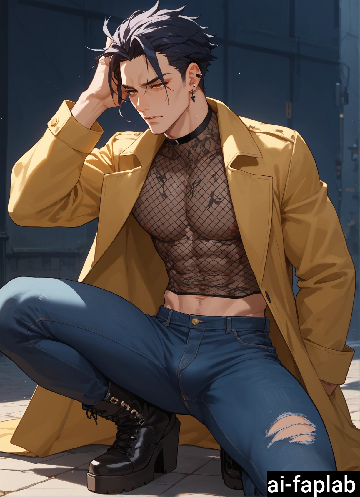 male focus, solo, 1boy, pants, pectorals, torn clothes