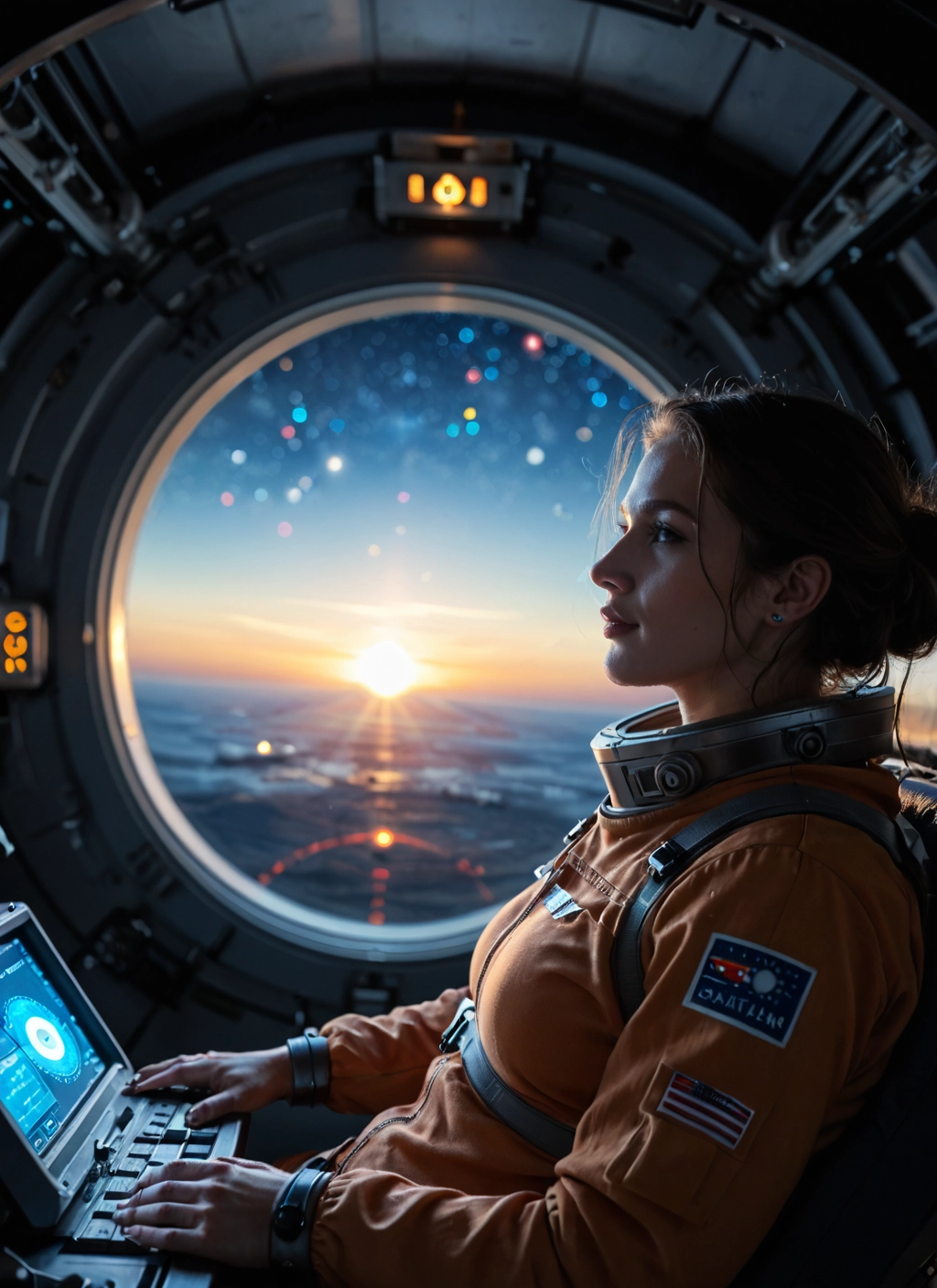 1girl, solo, jewelry, spacesuit, computer, science fiction