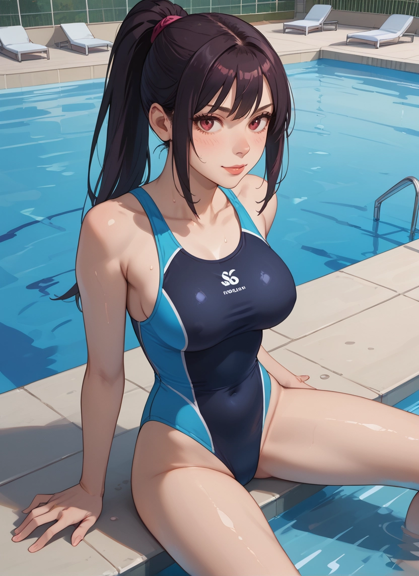 1girl, swimsuit, breasts, one-piece swimsuit, solo, sitting · Yamete.gg
