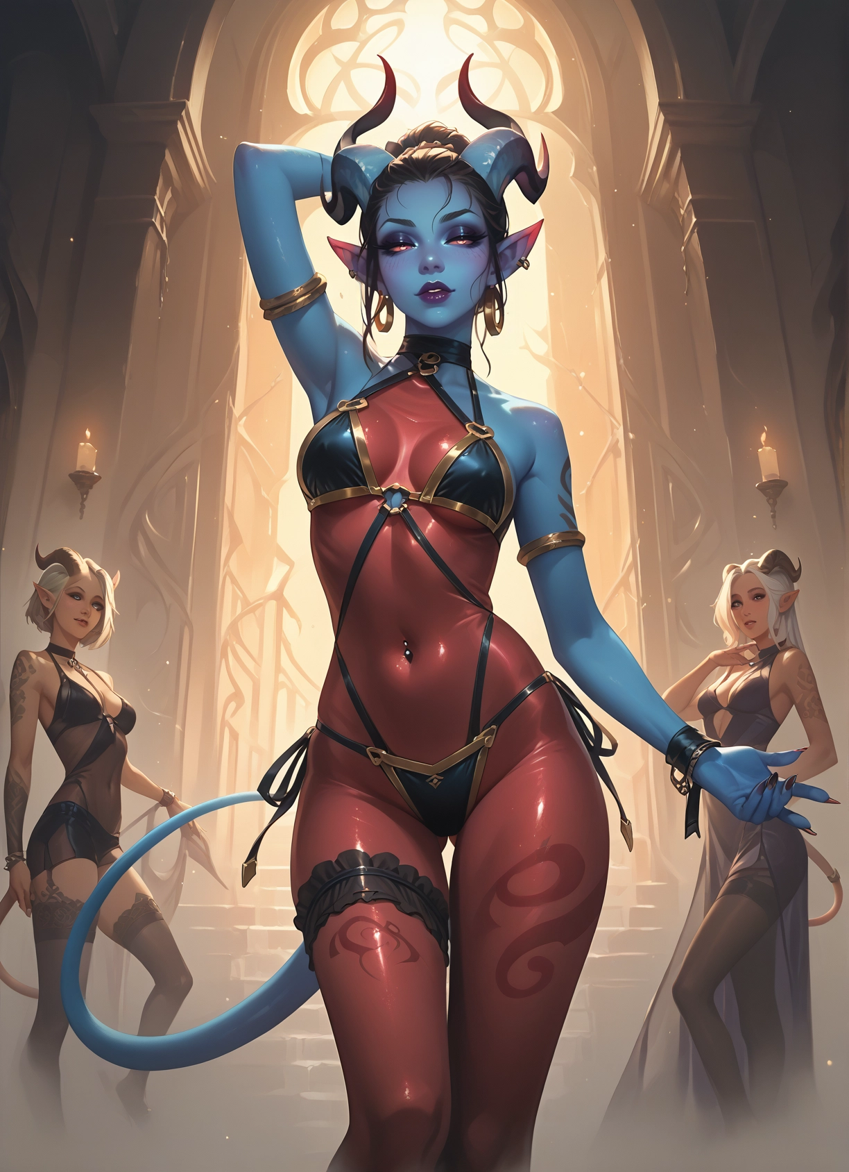 multiple girls, horns, tail, colored skin, blue skin, breasts · Yamete.gg