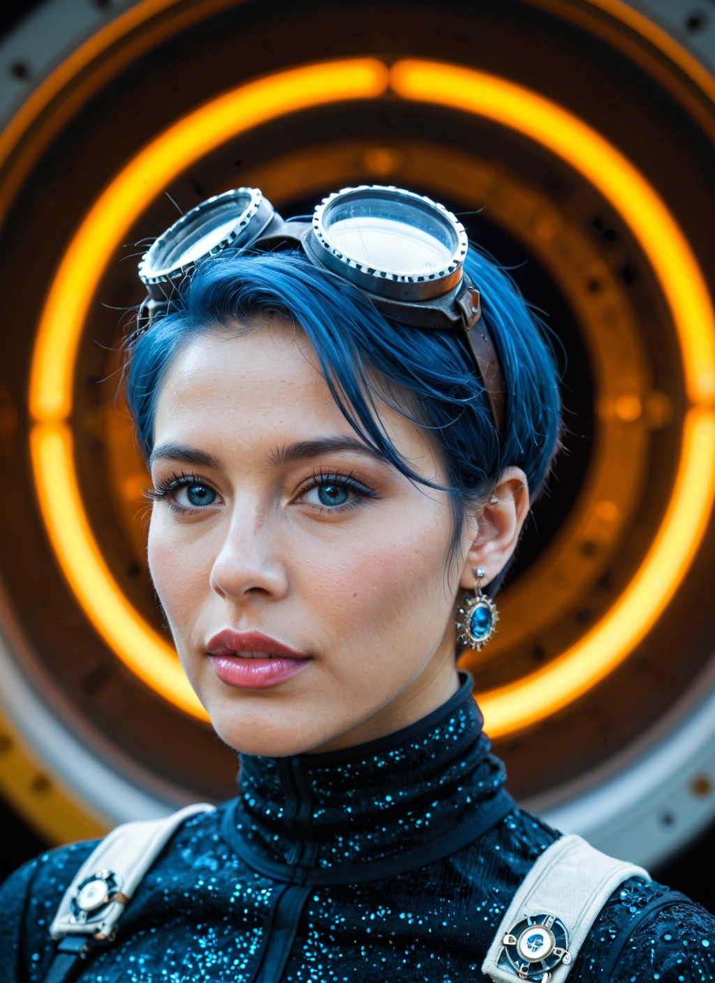 1girl, solo, goggles, jewelry, earrings, blue hair · Yamete.gg