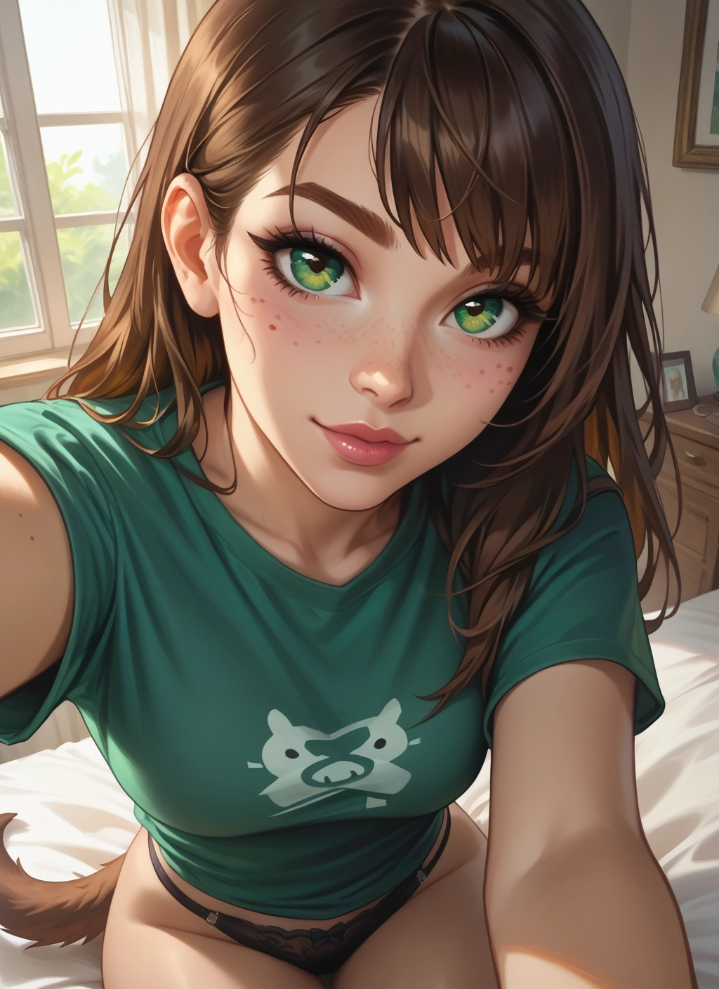 1girl, underwear, panties, solo, green eyes, brown hair · Yamete.gg