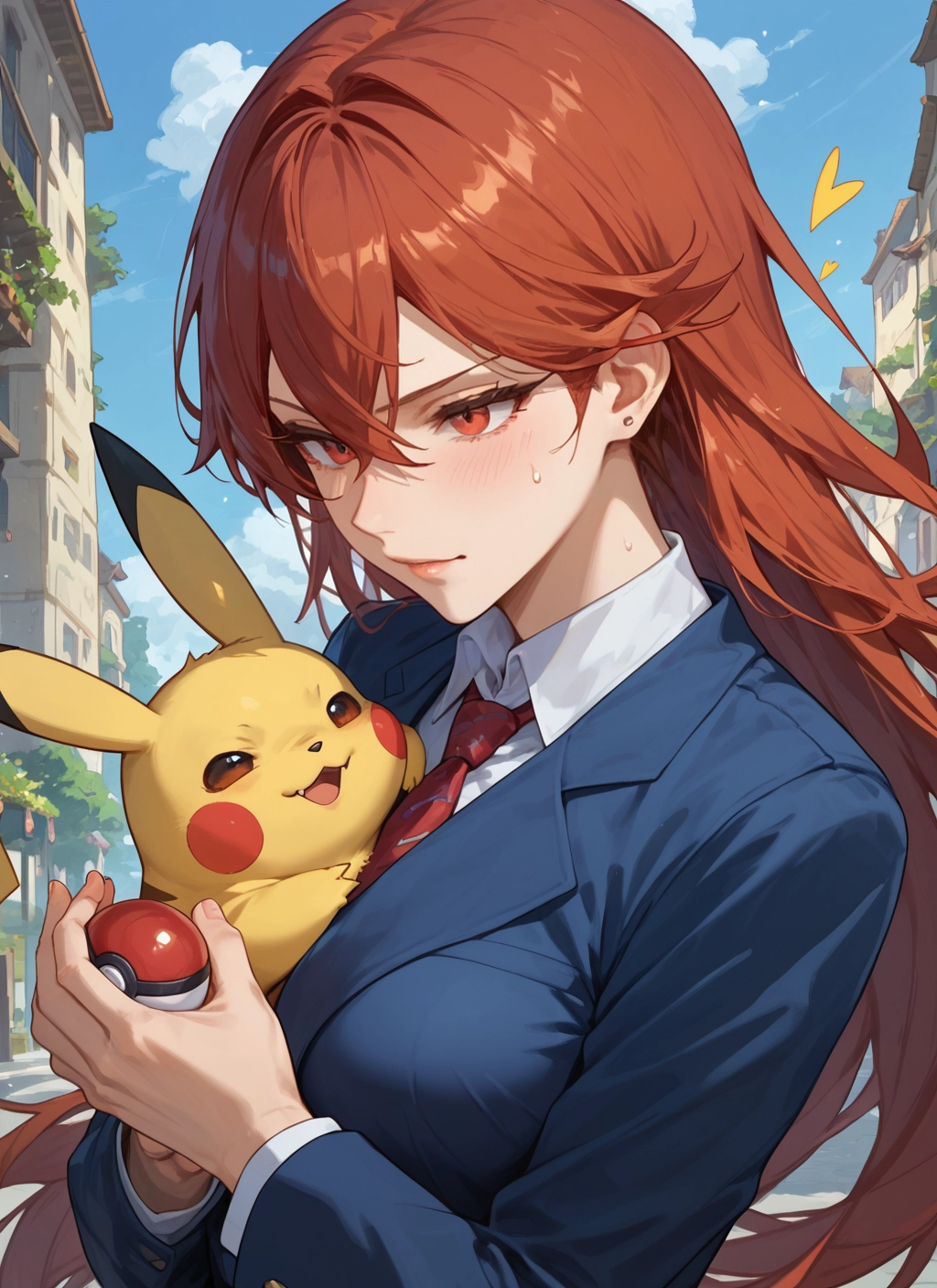 1girl, long hair, blush, holding, necktie, red eyes · Yamete.gg