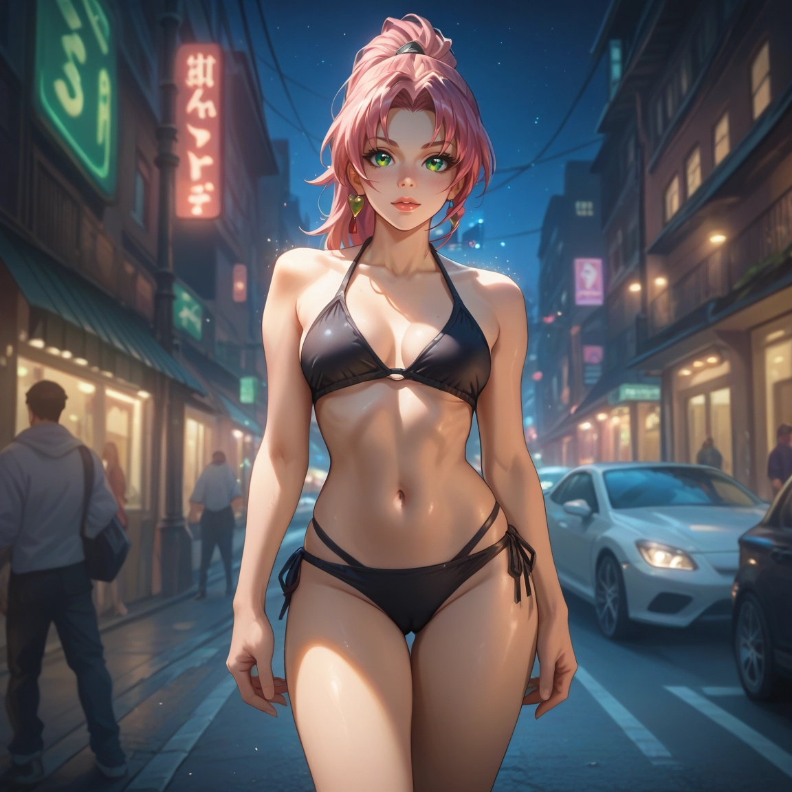 swimsuit, bikini, green eyes, breasts, motor vehicle, navel · Yamete.gg