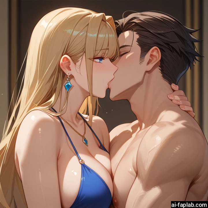 1girl, 1boy, breasts, kiss, blonde hair, jewelry · Yamete.gg