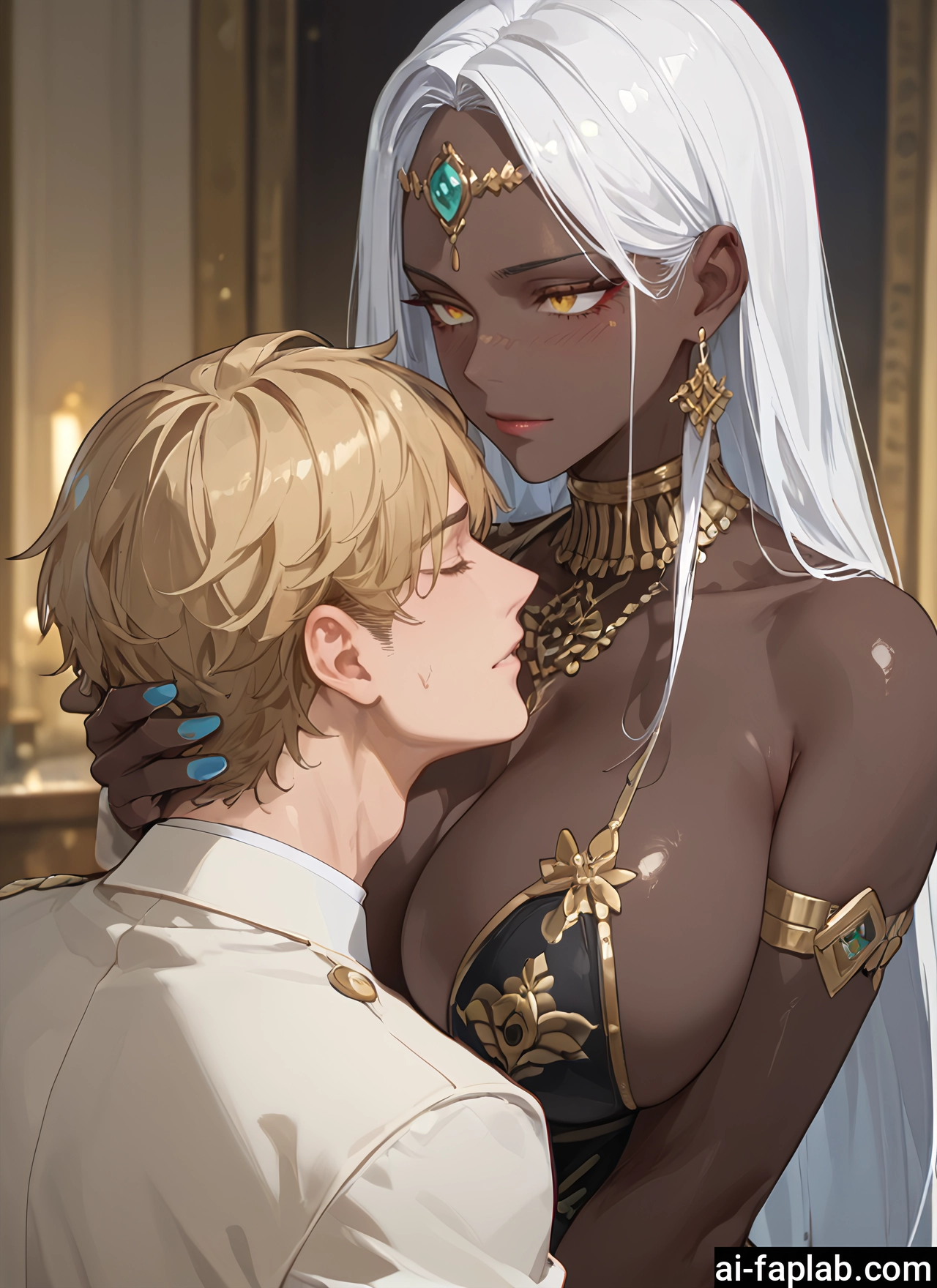 1girl, breasts, 1boy, dark skin, jewelry, large breasts