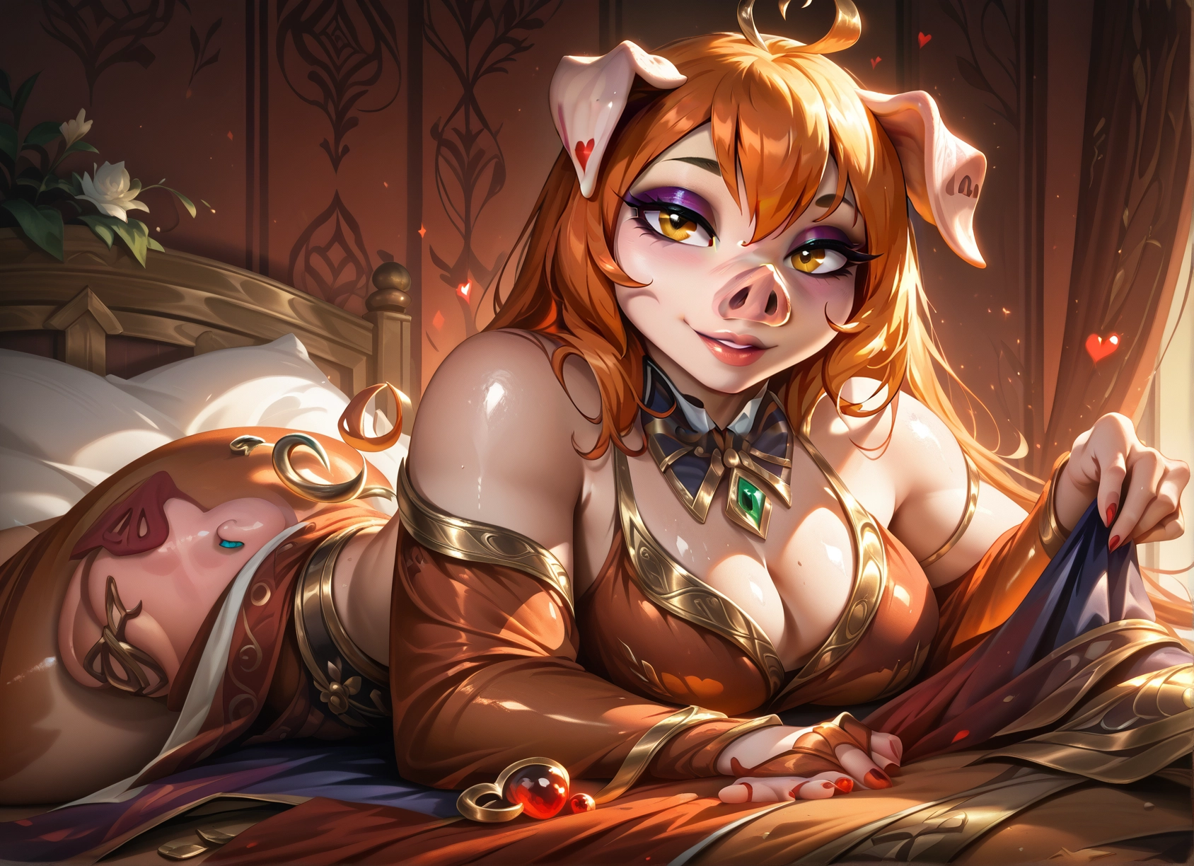 furry, 1girl, breasts, cleavage, lying, looking at viewer