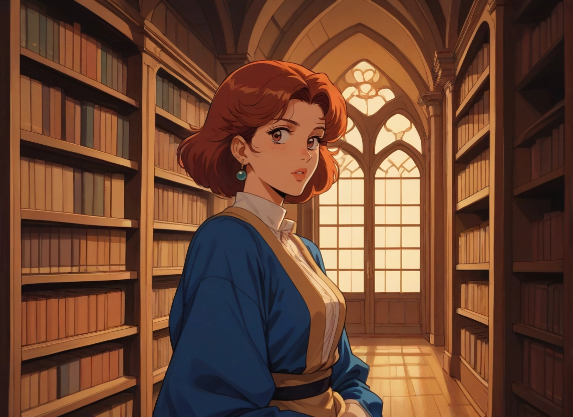 1girl, jewelry, earrings, solo, bookshelf, brown hair · Yamete.gg