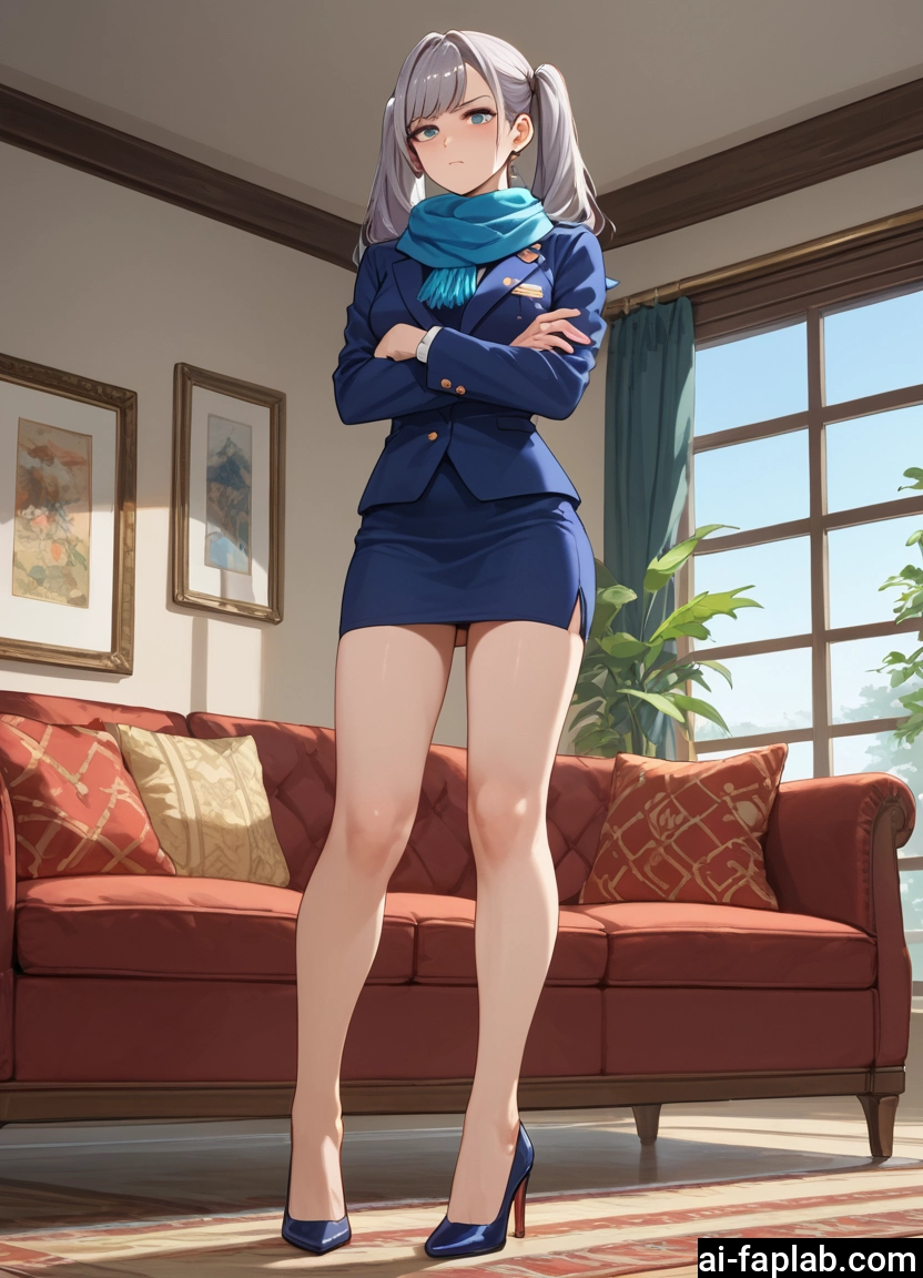 1girl, skirt, high heels, twintails, scarf, solo