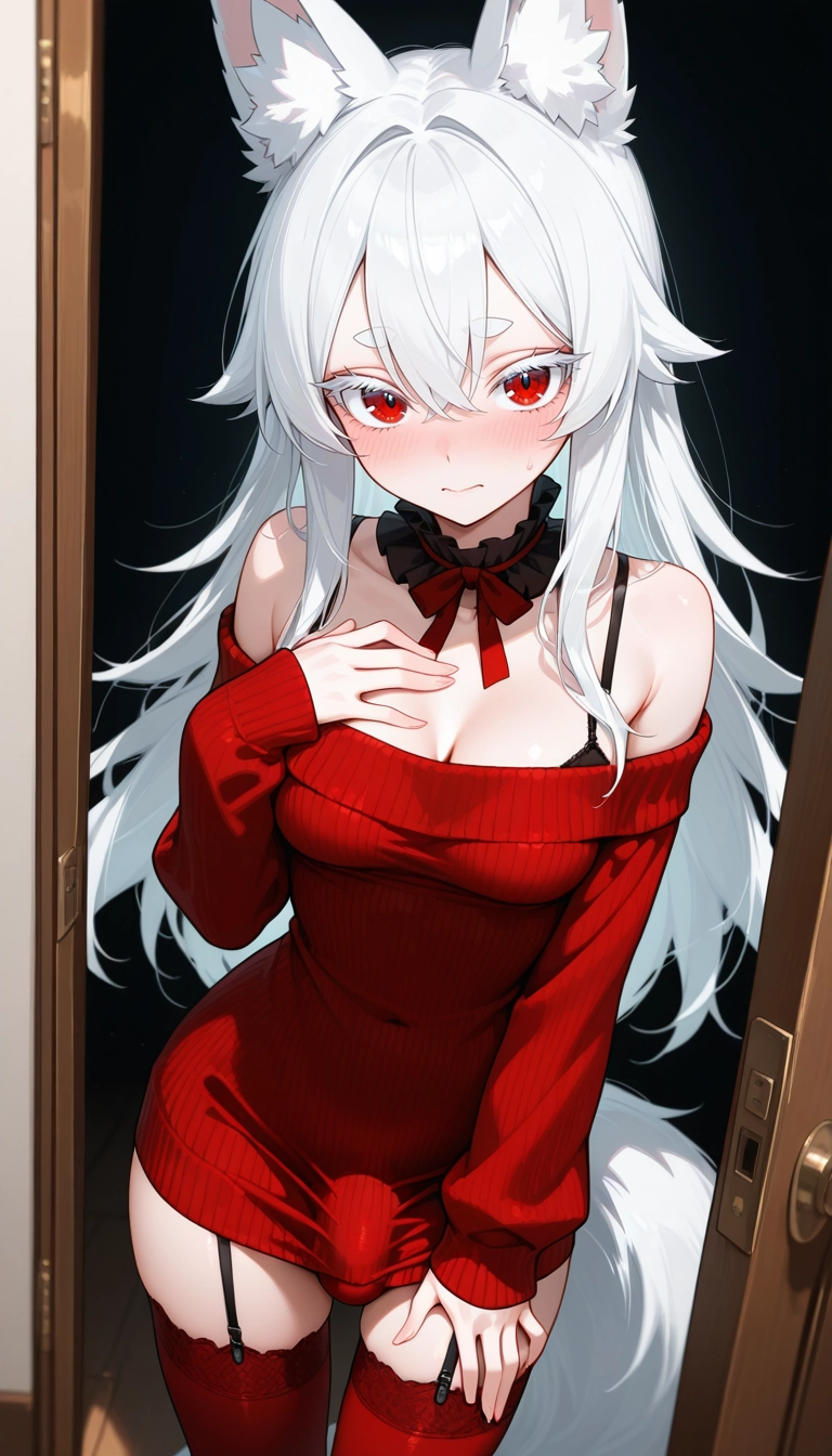 futanari, 1girl, solo, thighhighs, red thighhighs, animal ears